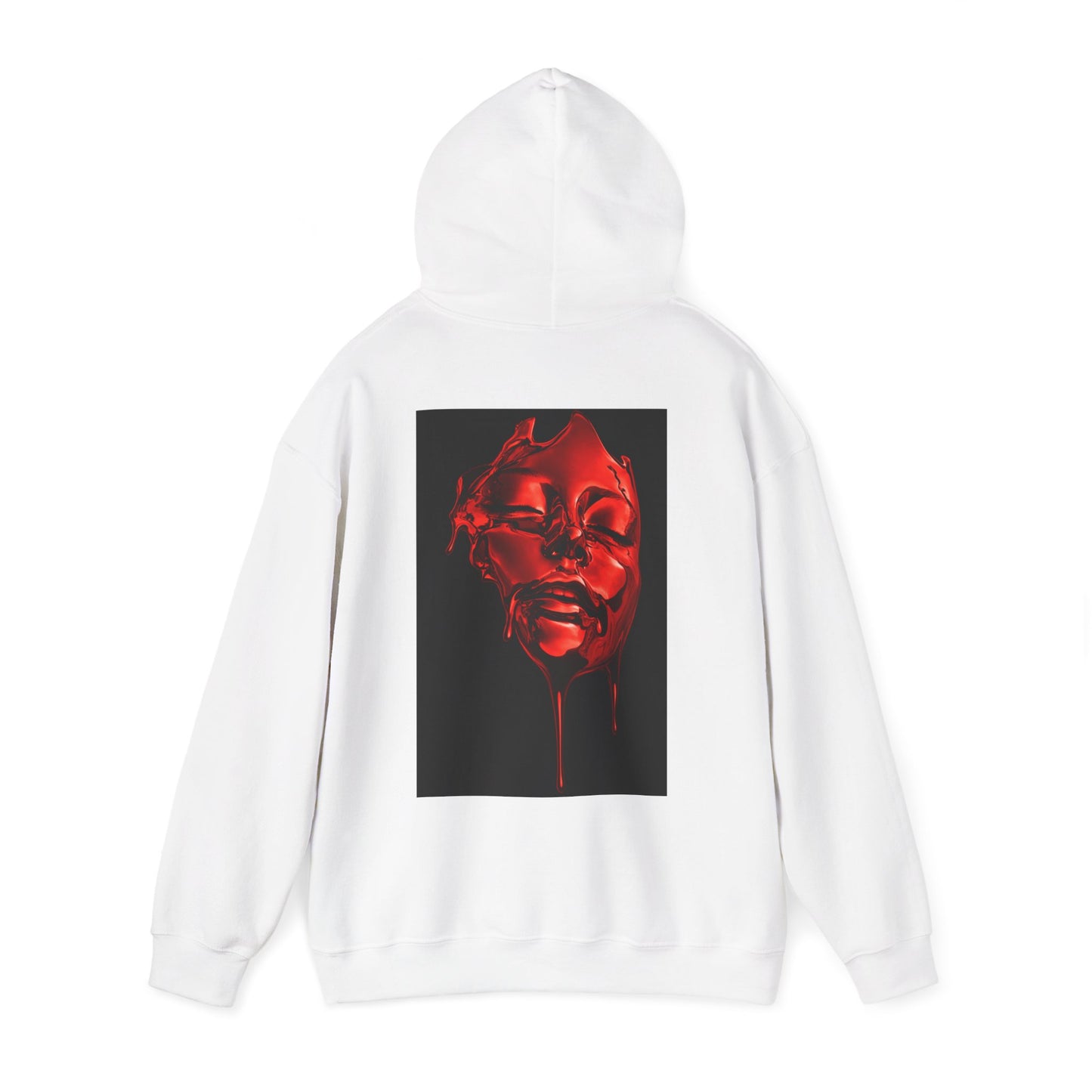 White pullover hoodie with red liquid face back graphic, flat lay back view with hood up highlighting centered surreal red liquid face artwork, unisex dark luxury streetwear hoodie