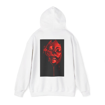 White pullover hoodie with red liquid face back graphic, flat lay back view with hood up highlighting centered surreal red liquid face artwork, unisex dark luxury streetwear hoodie