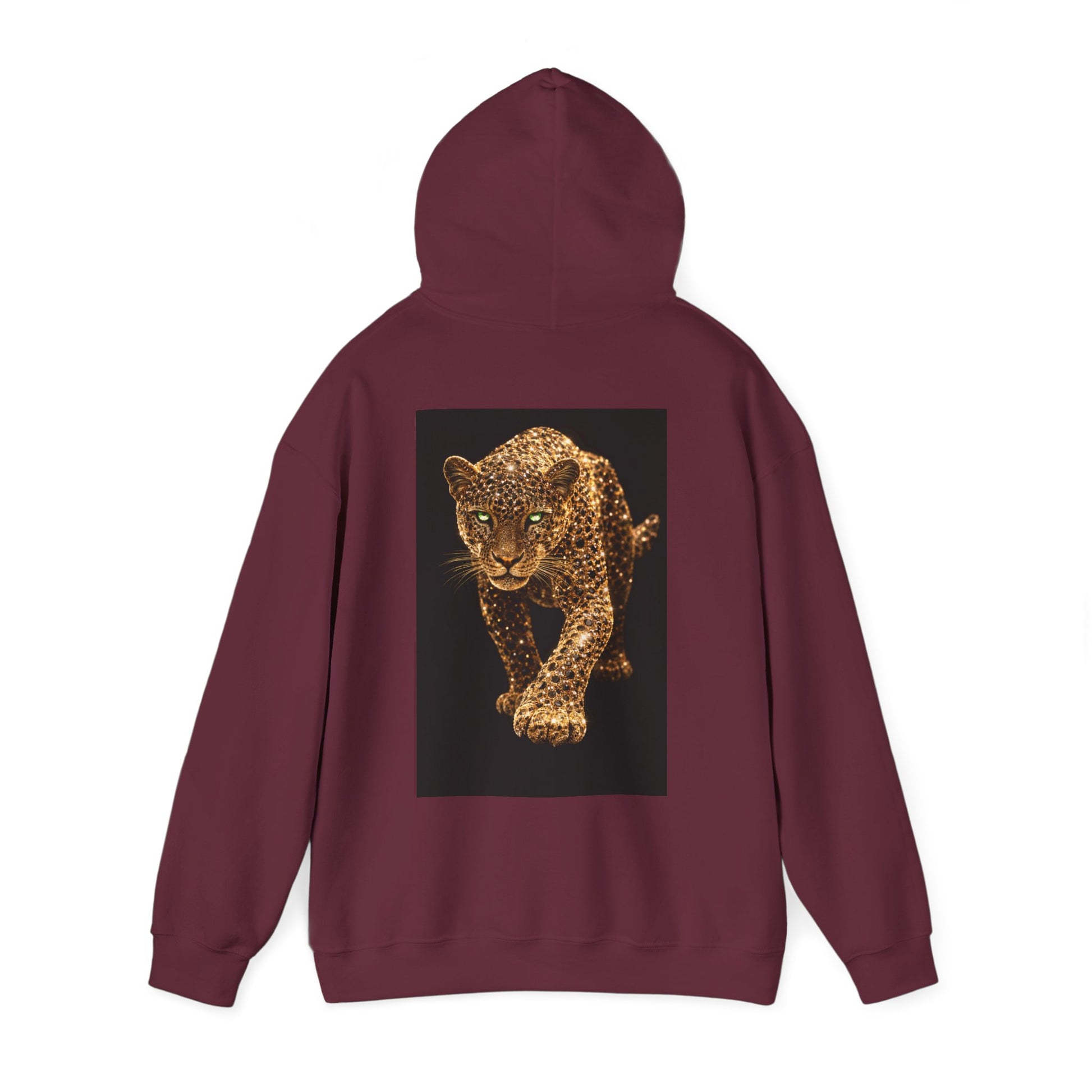 Deep burgundy hooded sweatshirt with hood up and powerful leopard panther back graphic, motivational statement hoodie representing ambition and self-mastery