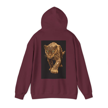 Deep burgundy hooded sweatshirt with hood up and powerful leopard panther back graphic, motivational statement hoodie representing ambition and self-mastery