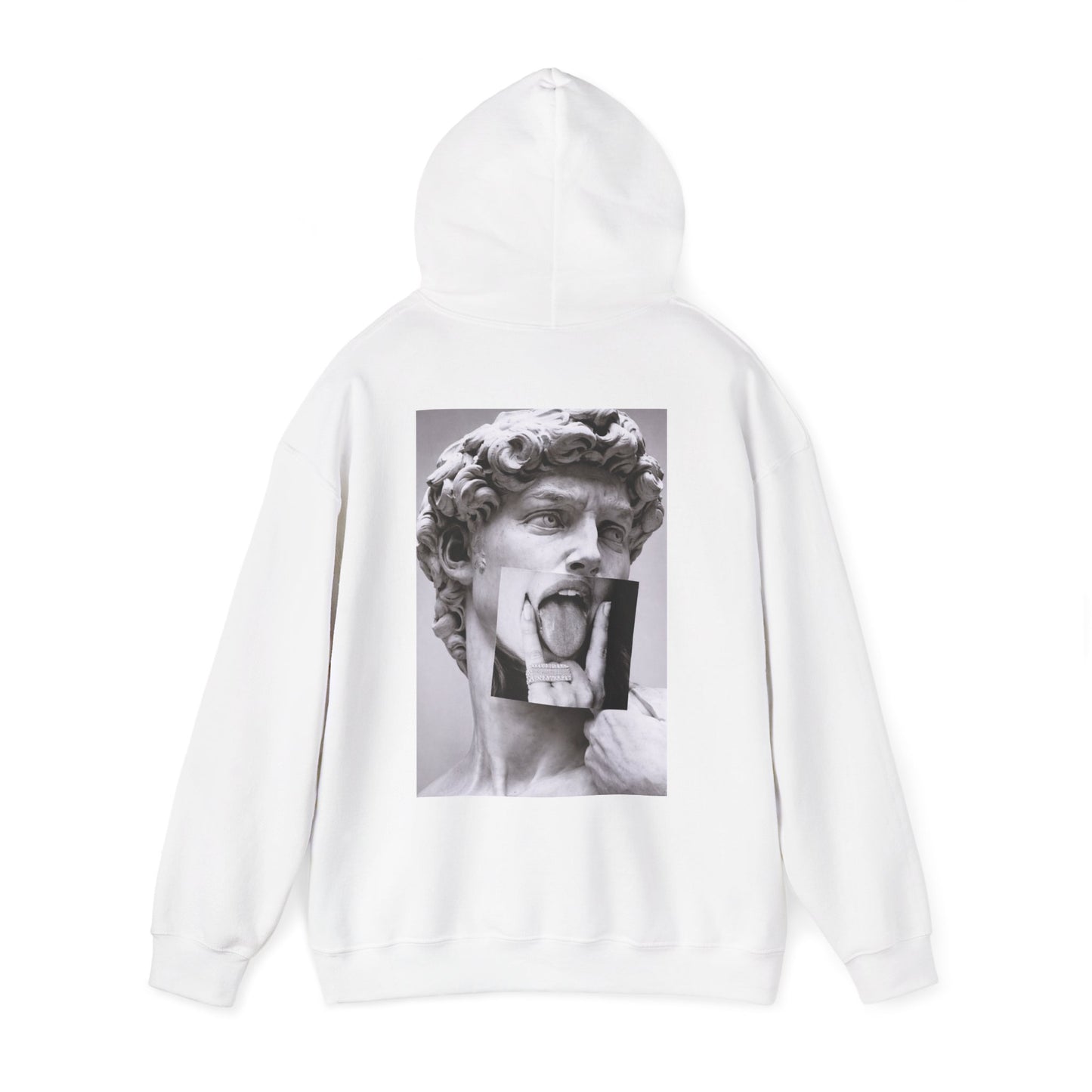 White hooded sweatshirt back view showing classical sculpture portrait with surreal photographic overlay, modern art hoodie with clean front and bold back artwork