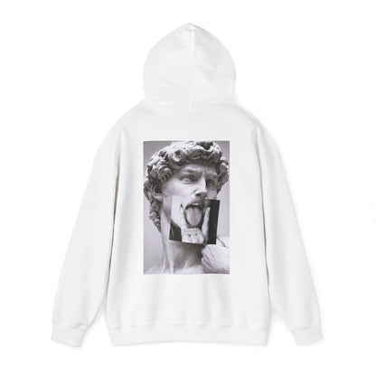 White hooded sweatshirt back view showing classical sculpture portrait with surreal photographic overlay, modern art hoodie with clean front and bold back artwork