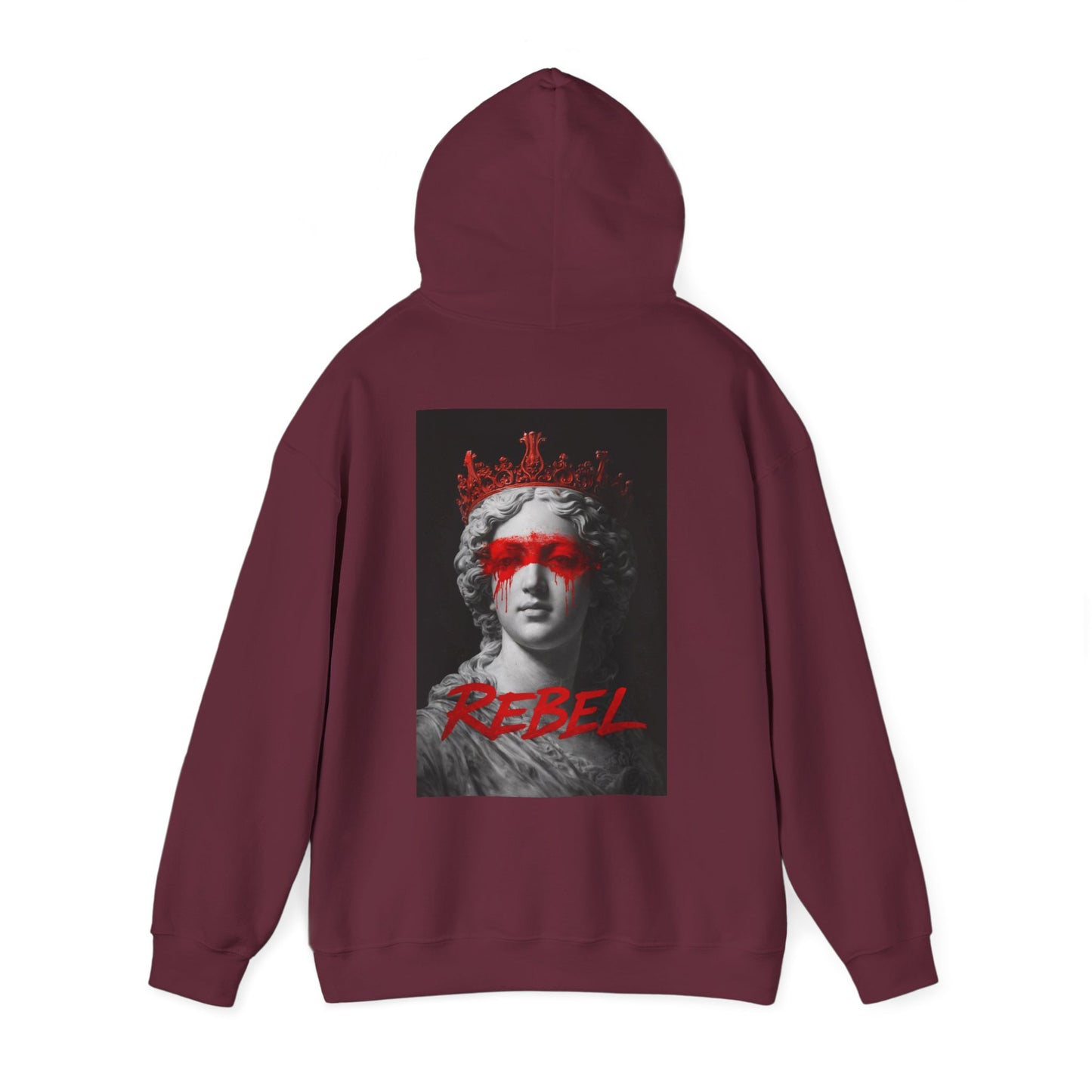Burgundy maroon unisex hoodie with rebel classical statue red paint back graphic, dark luxury streetwear hoodie blending classical art and modern rebellion