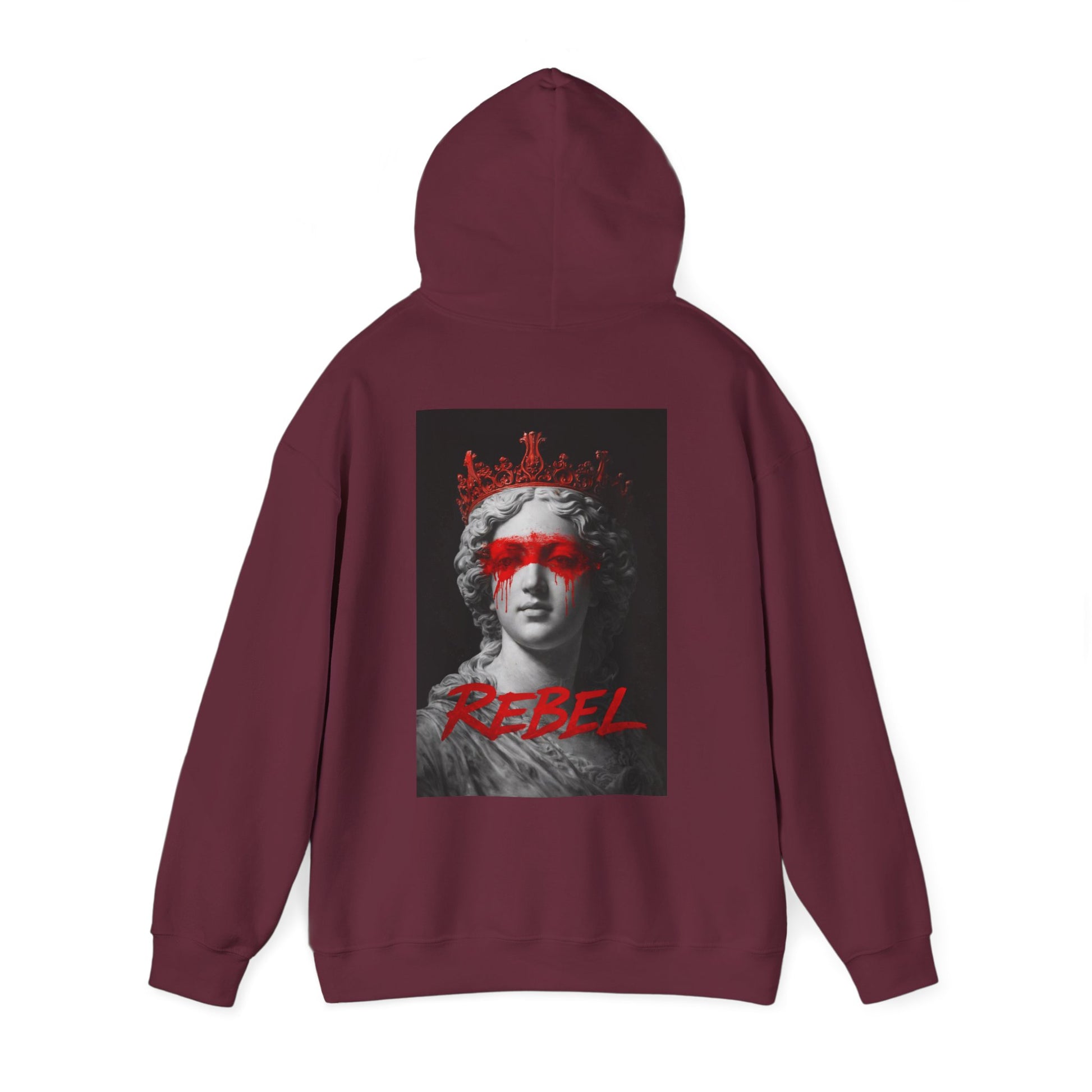 Burgundy maroon unisex hoodie with rebel classical statue red paint back graphic, dark luxury streetwear hoodie blending classical art and modern rebellion