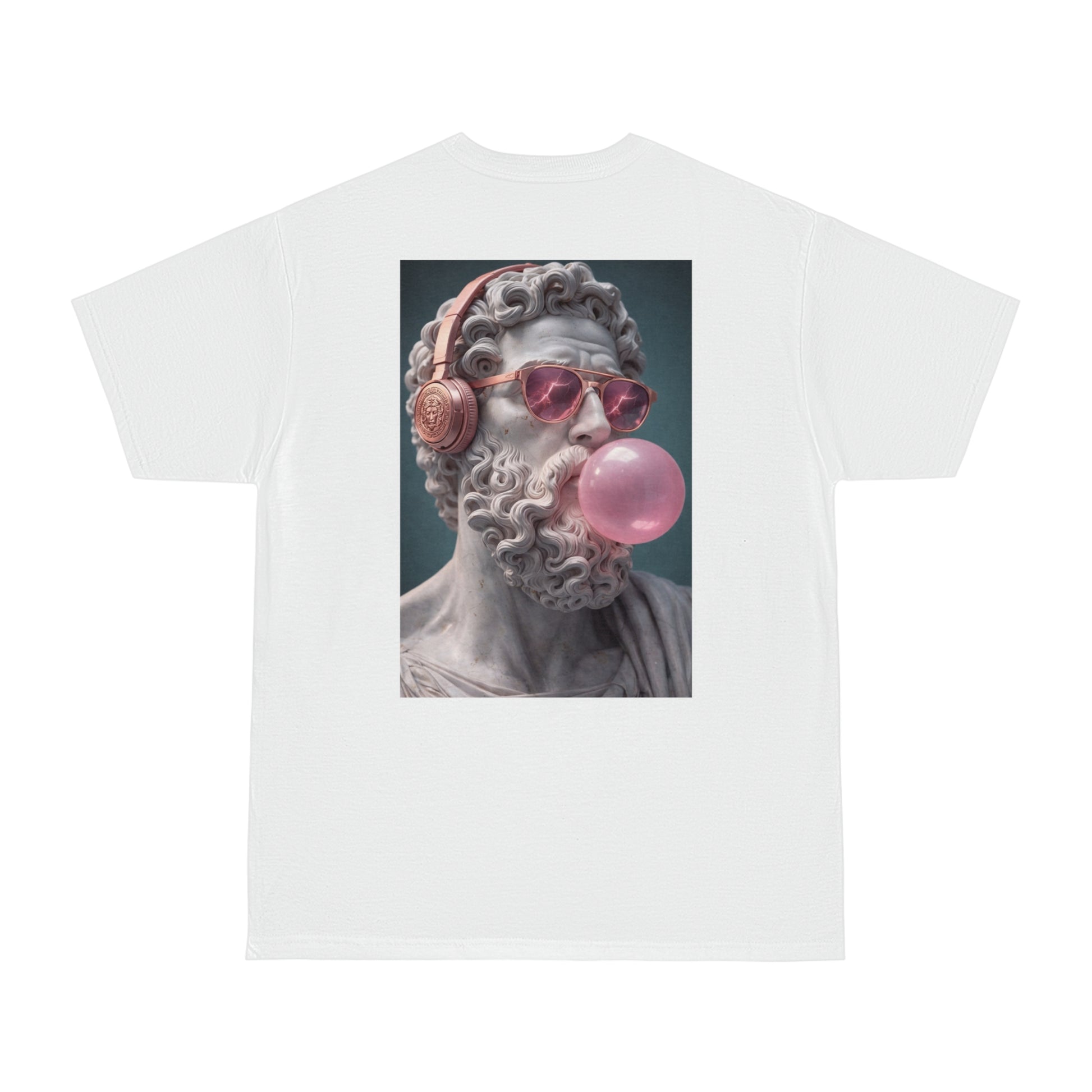 Classical statue headphones bubblegum back graphic t-shirt in white, unisex dark luxury surreal statement tee featuring marble sculpture wearing headphones and blowing pink bubblegum with clean minimalist front