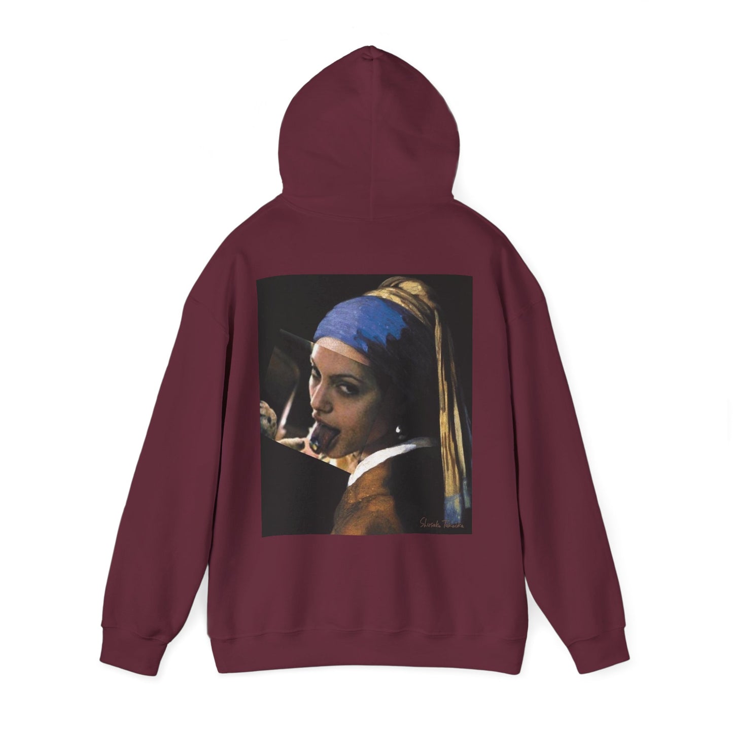 Burgundy Maroon Classical Girl with a Pearl unfiltered collage back graphic hoodie shown with hood up, dark luxury streetwear hoodie featuring raw classical art remix design on the back