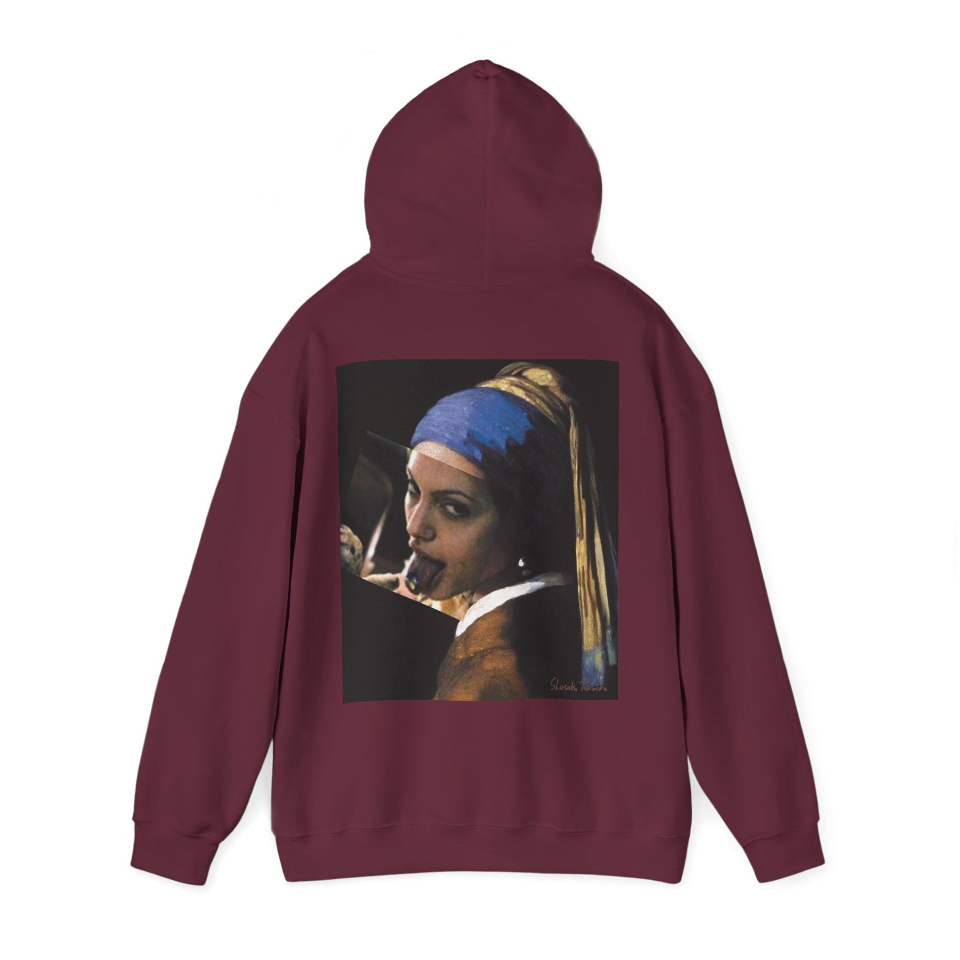 Burgundy Maroon Classical Girl with a Pearl unfiltered collage back graphic hoodie shown with hood up, dark luxury streetwear hoodie featuring raw classical art remix design on the back