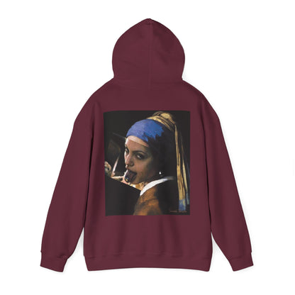 Burgundy Maroon Classical Girl with a Pearl unfiltered collage back graphic hoodie shown with hood up, dark luxury streetwear hoodie featuring raw classical art remix design on the back