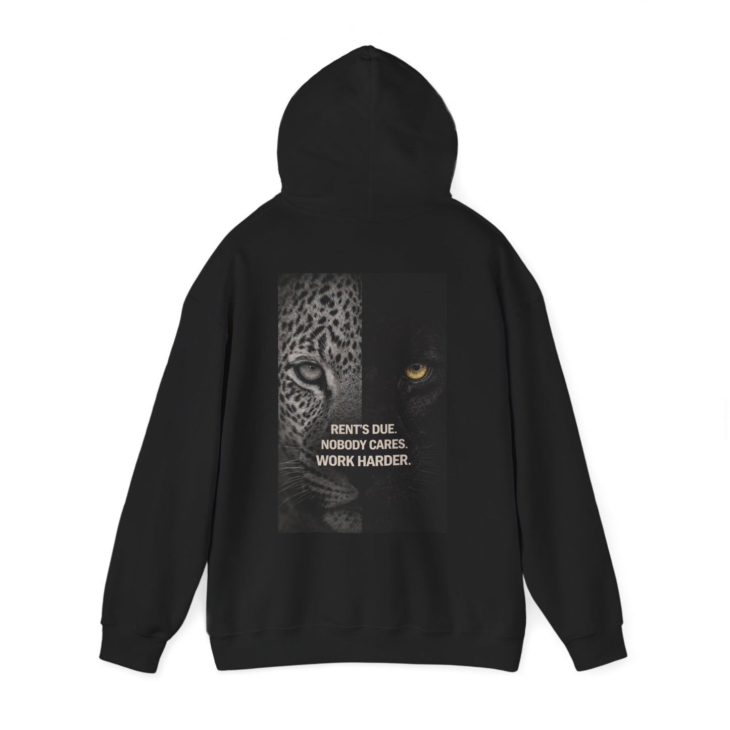 Black hooded sweatshirt back view with leopard and panther split animal graphic and bold work ethic quote dark luxury motivational streetwear hoodie