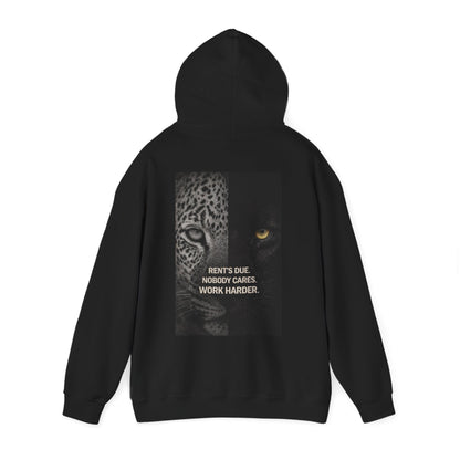 Black hooded sweatshirt back view with leopard and panther split animal graphic and bold work ethic quote dark luxury motivational streetwear hoodie