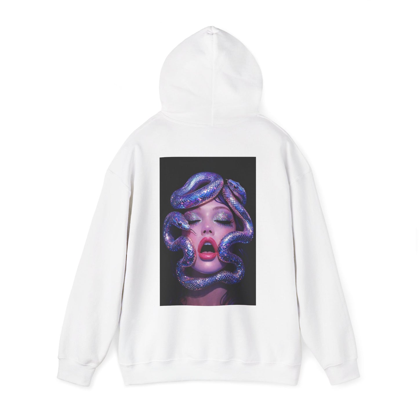 White unisex hoodie with surreal snake glamour artwork printed on the back, iridescent serpents and bold modern portrait dark luxury fashion