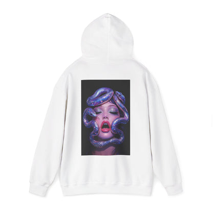 White unisex hoodie with surreal snake glamour artwork printed on the back, iridescent serpents and bold modern portrait dark luxury fashion