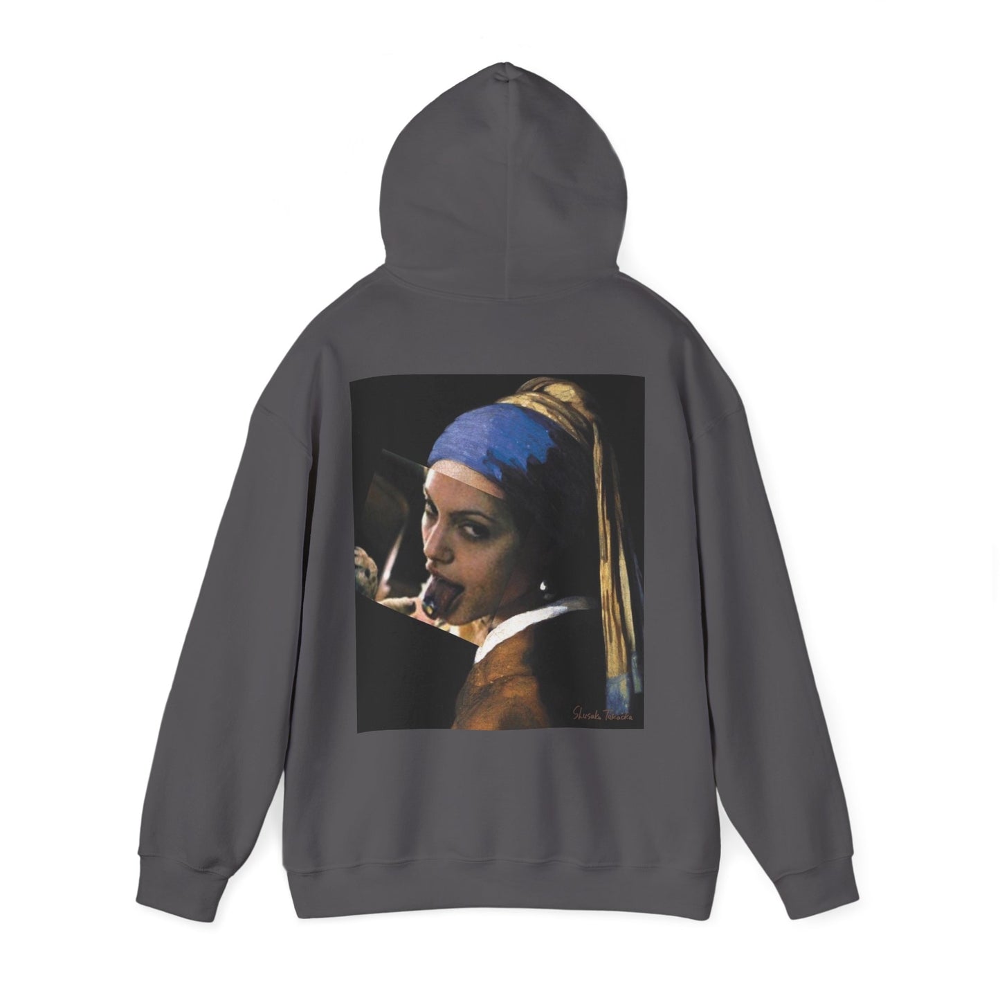 Charcoal gray Classical Girl with a Pearl unfiltered collage back graphic hoodie shown with hood up, dark luxury streetwear hoodie with bold classical art remix design on the back