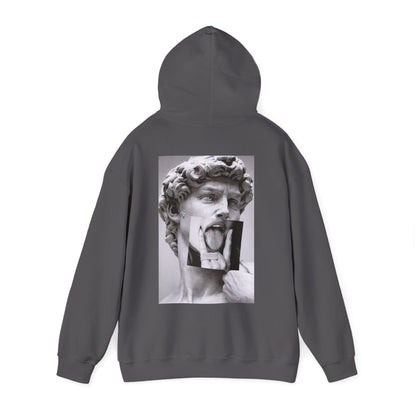 Charcoal gray unisex hoodie back view featuring classical statue modern collage graphic, contemporary art streetwear hoodie with bold back print