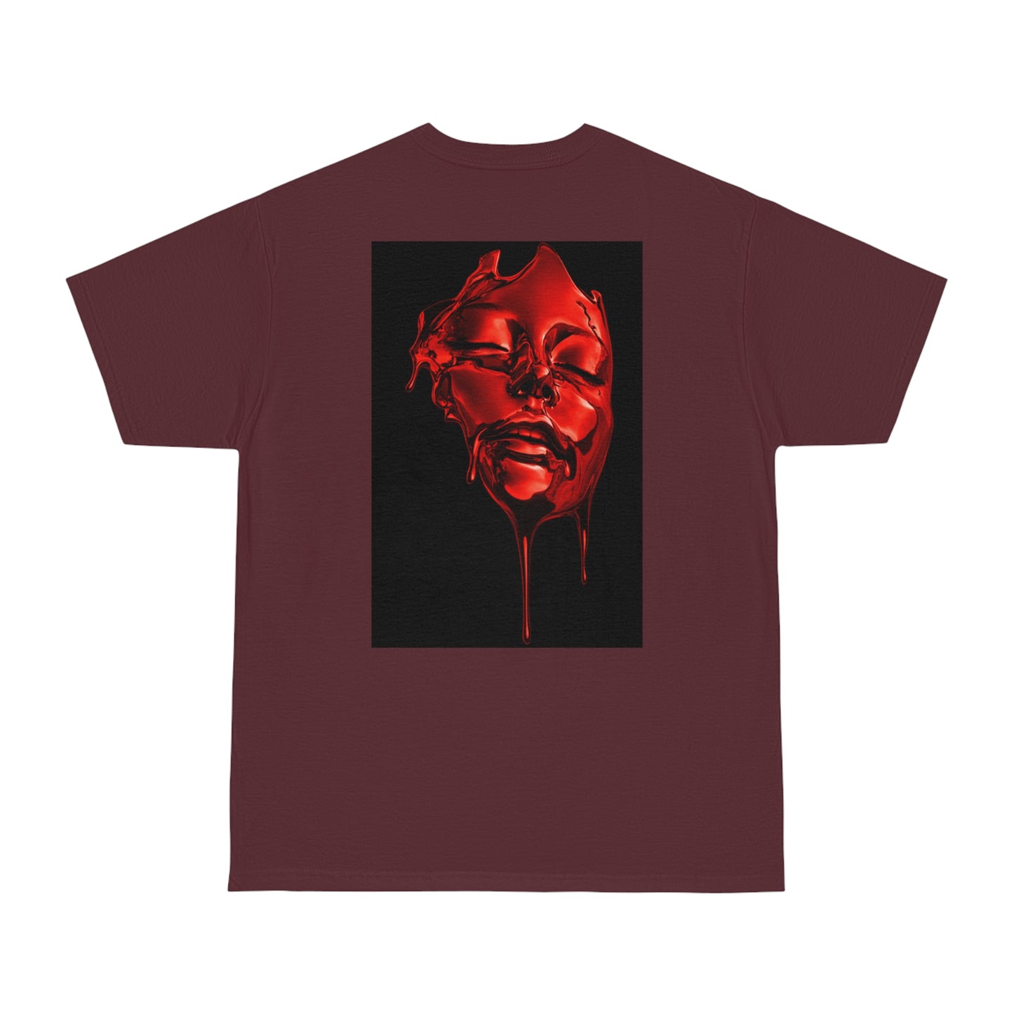 Red liquid face back graphic t-shirt in burgundy maroon, dark luxury surreal statement tee featuring high-gloss red fluid face artwork with dripping details on deep burgundy unisex streetwear t-shirt