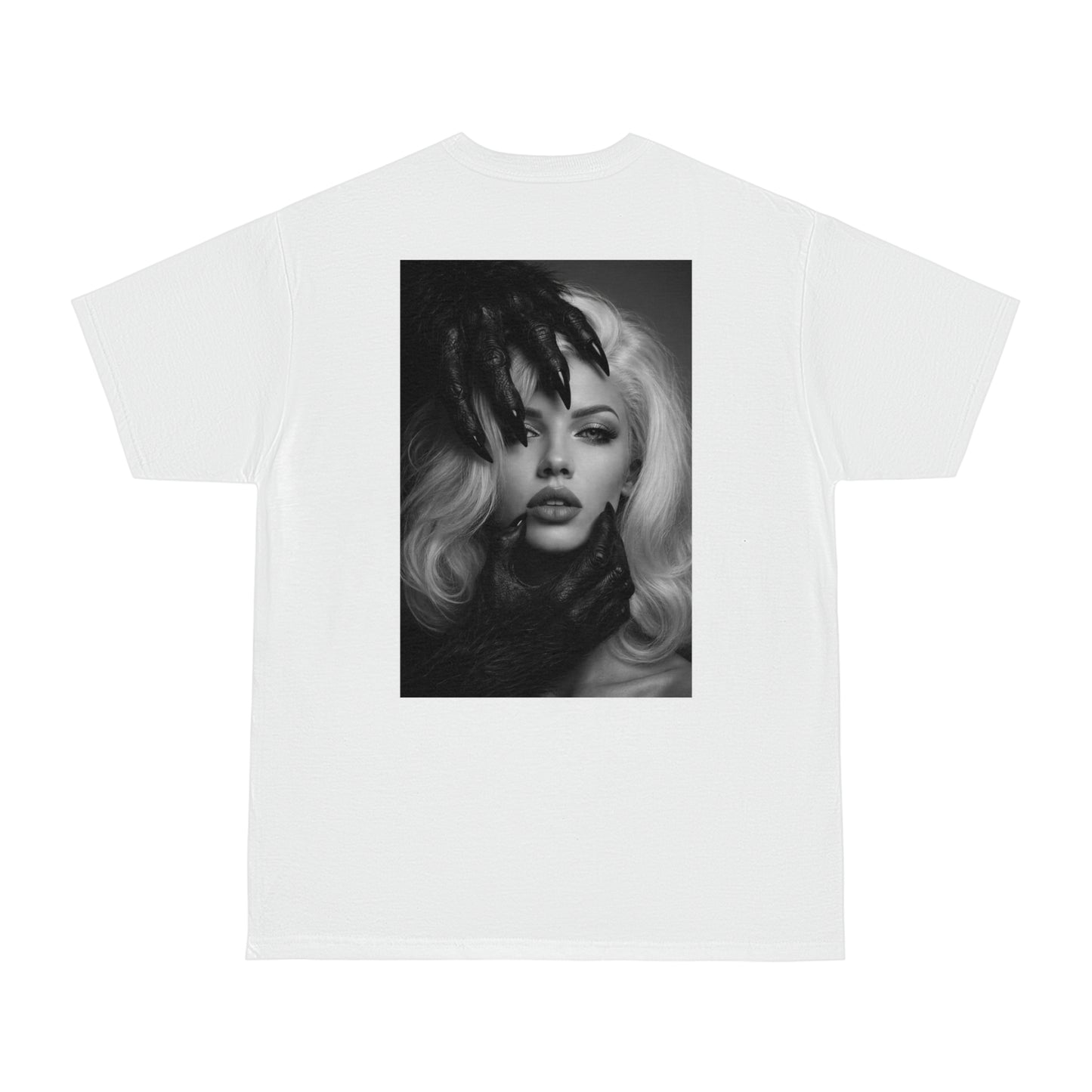White dark feminine back graphic t-shirt shown flat lay, unisex gothic portrait statement tee featuring dark feminine portrait artwork on the back and minimal clean front design