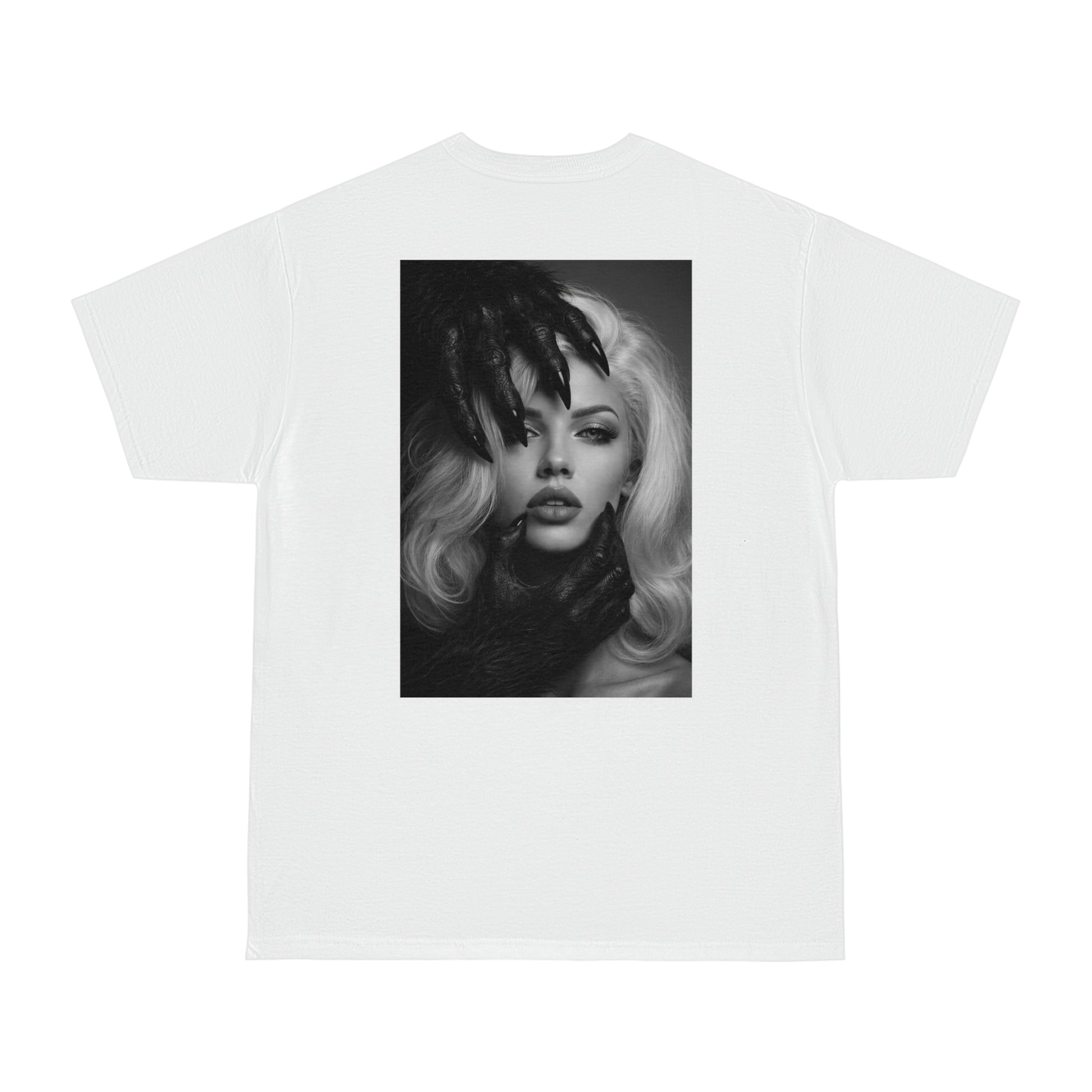 White dark feminine back graphic t-shirt shown flat lay, unisex gothic portrait statement tee featuring dark feminine portrait artwork on the back and minimal clean front design