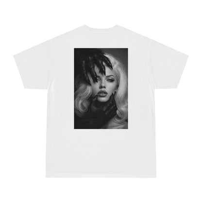 White dark feminine back graphic t-shirt shown flat lay, unisex gothic portrait statement tee featuring dark feminine portrait artwork on the back and minimal clean front design