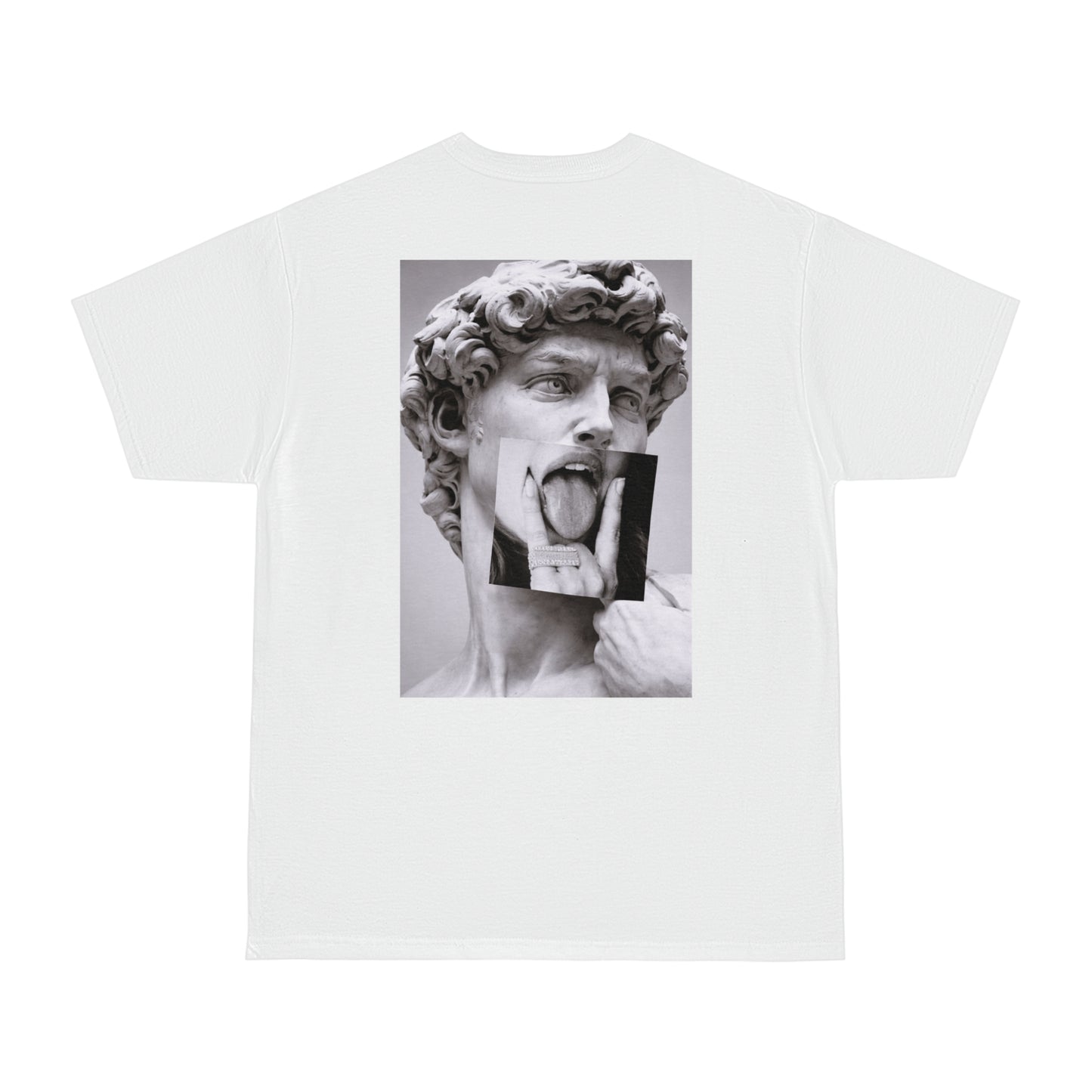 White graphic t-shirt with Michelangelo David statue grunge collage back print, gothic streetwear art shirt, modern classical sculpture remix fashion tee