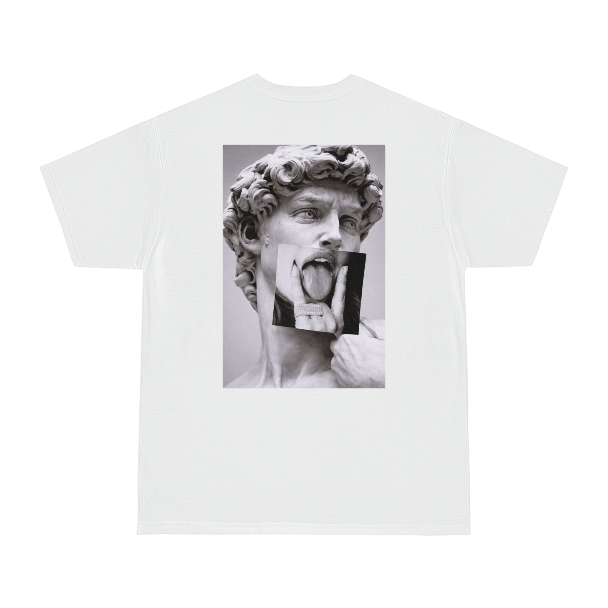 White graphic t-shirt with Michelangelo David statue grunge collage back print, gothic streetwear art shirt, modern classical sculpture remix fashion tee