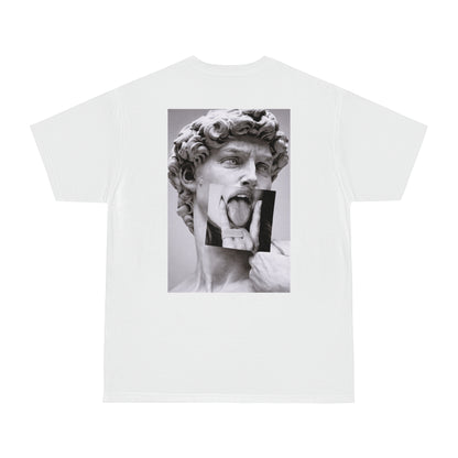 White graphic t-shirt with Michelangelo David statue grunge collage back print, gothic streetwear art shirt, modern classical sculpture remix fashion tee