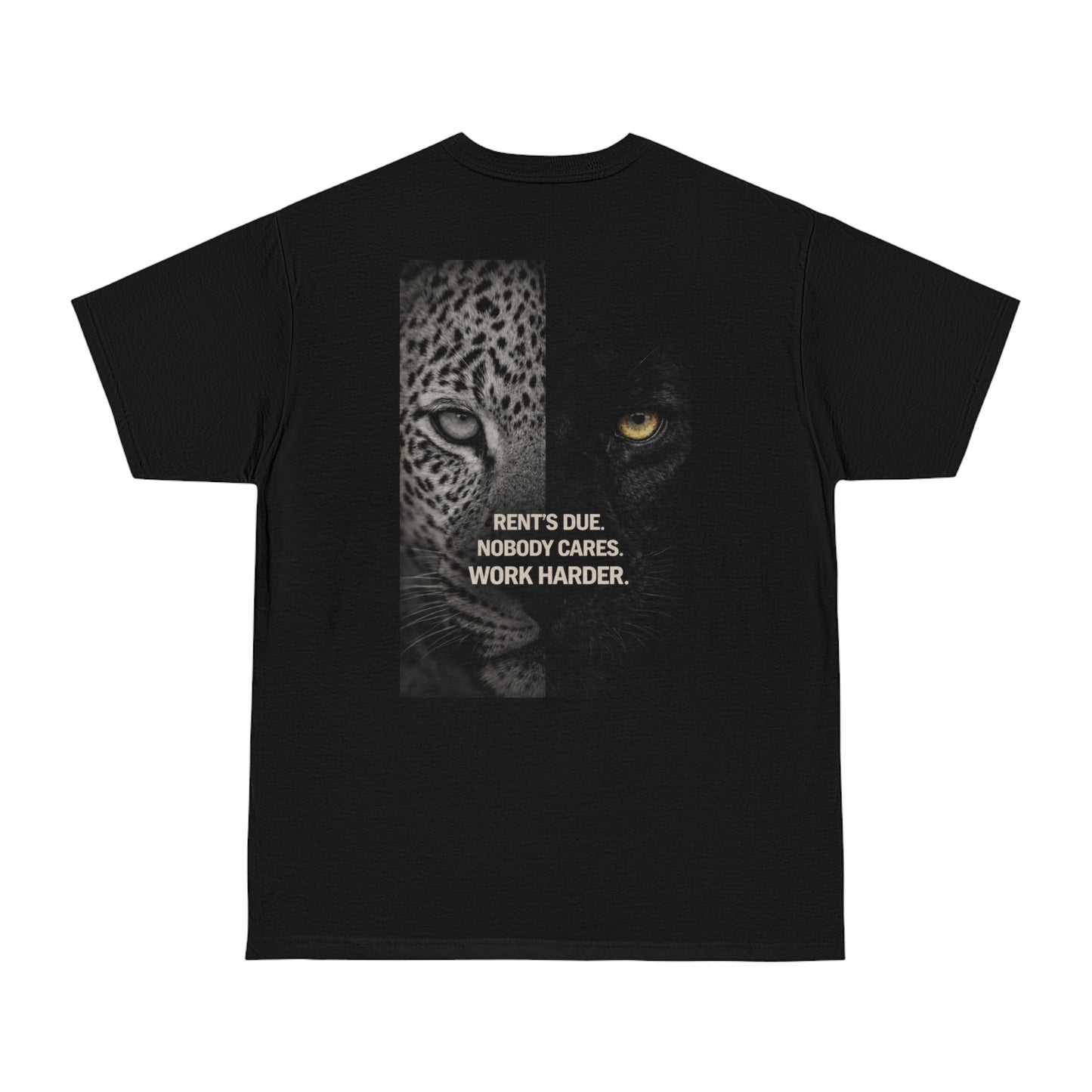 Rent’s Due leopard panther back graphic t-shirt in black, dark luxury statement tee with split leopard and panther artwork and hustle mindset quote, unisex streetwear t-shirt with clean front and bold back graphic
