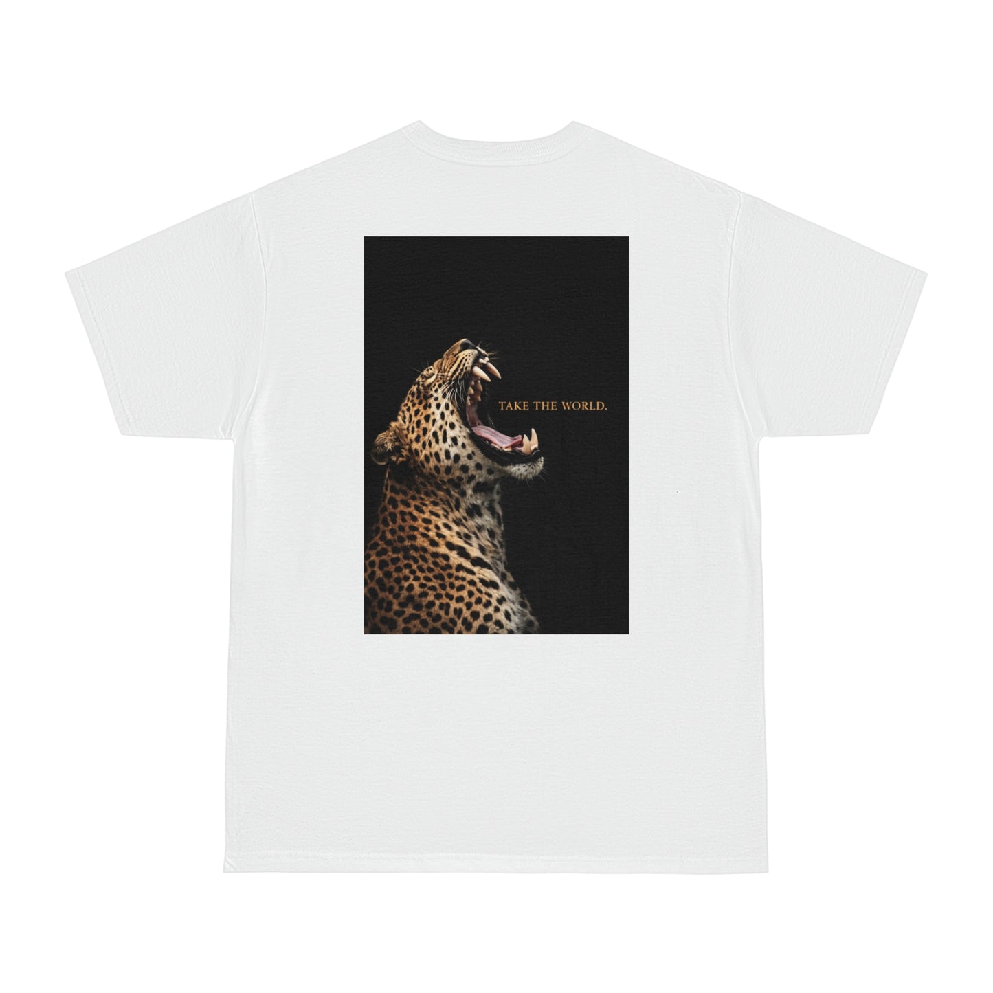White leopard back graphic t-shirt featuring roaring leopard artwork and TAKE THE WORLD text, bold luxury animal statement tee