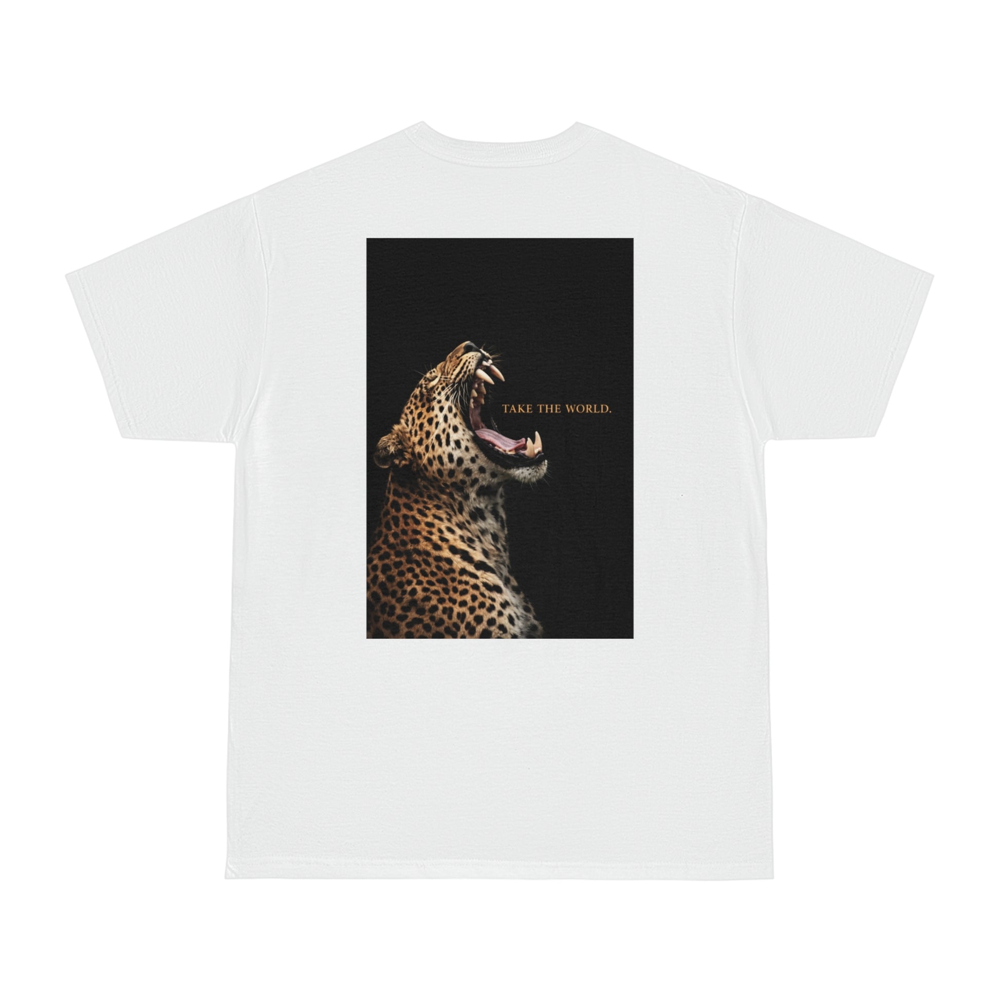 White leopard back graphic t-shirt featuring roaring leopard artwork and TAKE THE WORLD text, bold luxury animal statement tee