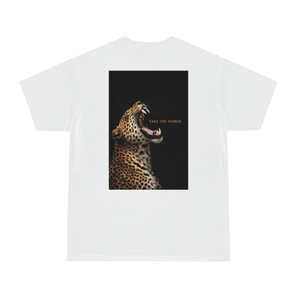 White leopard back graphic t-shirt featuring roaring leopard artwork and TAKE THE WORLD text, bold luxury animal statement tee