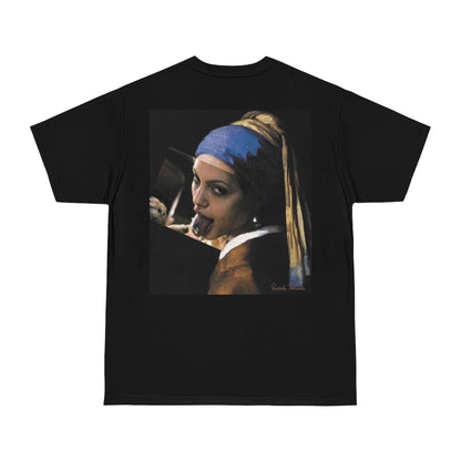 Classical girl with a pearl unfiltered collage back graphic t-shirt in black, dark luxury surreal statement tee featuring distorted classical portrait artwork with modern rebellious edge, unisex streetwear t-shirt with clean front and bold back design