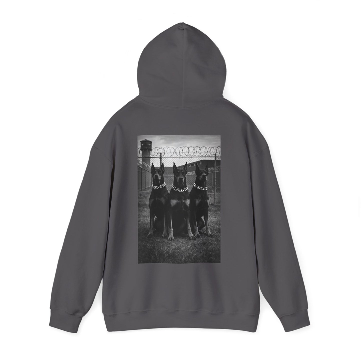 Charcoal gray Doberman guard dog hoodie with powerful back graphic, motivational streetwear for resilience, dominance mindset, and unwavering personal strength