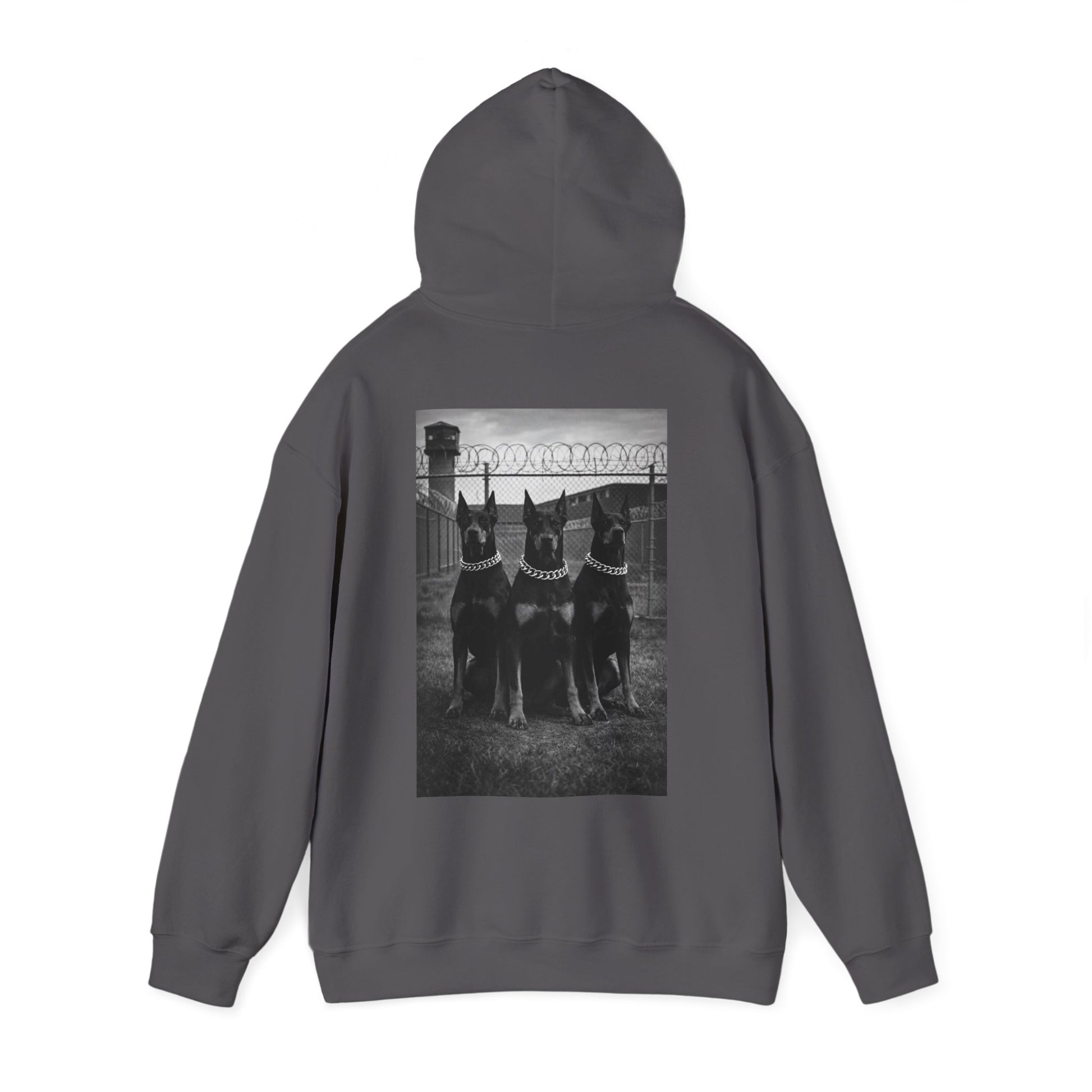 Charcoal gray Doberman guard dog hoodie with powerful back graphic, motivational streetwear for resilience, dominance mindset, and unwavering personal strength