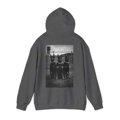 Charcoal gray Doberman guard dog hoodie with powerful back graphic, motivational streetwear for resilience, dominance mindset, and unwavering personal strength