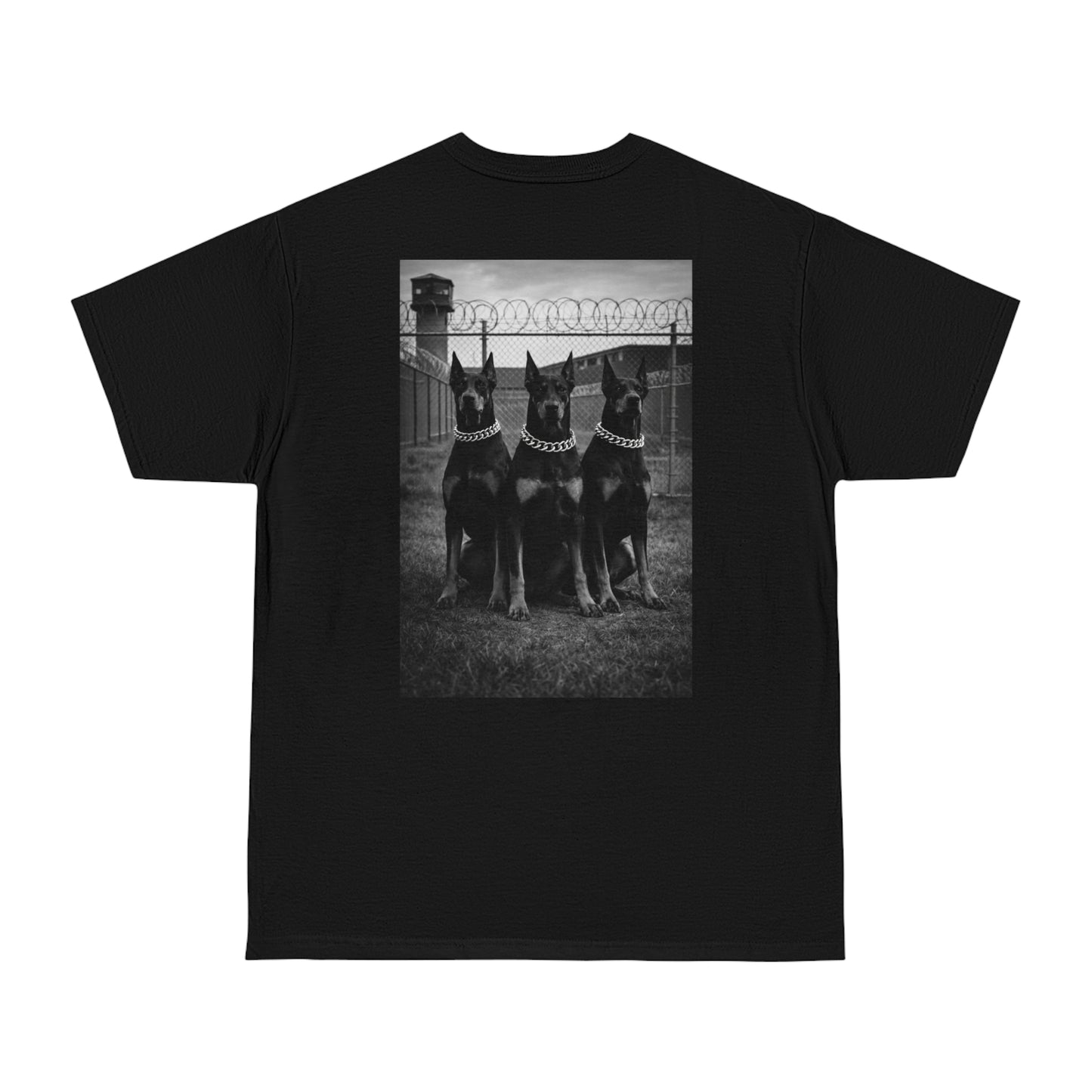Black unisex streetwear t-shirt with bold Doberman trio back graphic, dark luxury motivational tee representing power, discipline, loyalty, and relentless mindset
