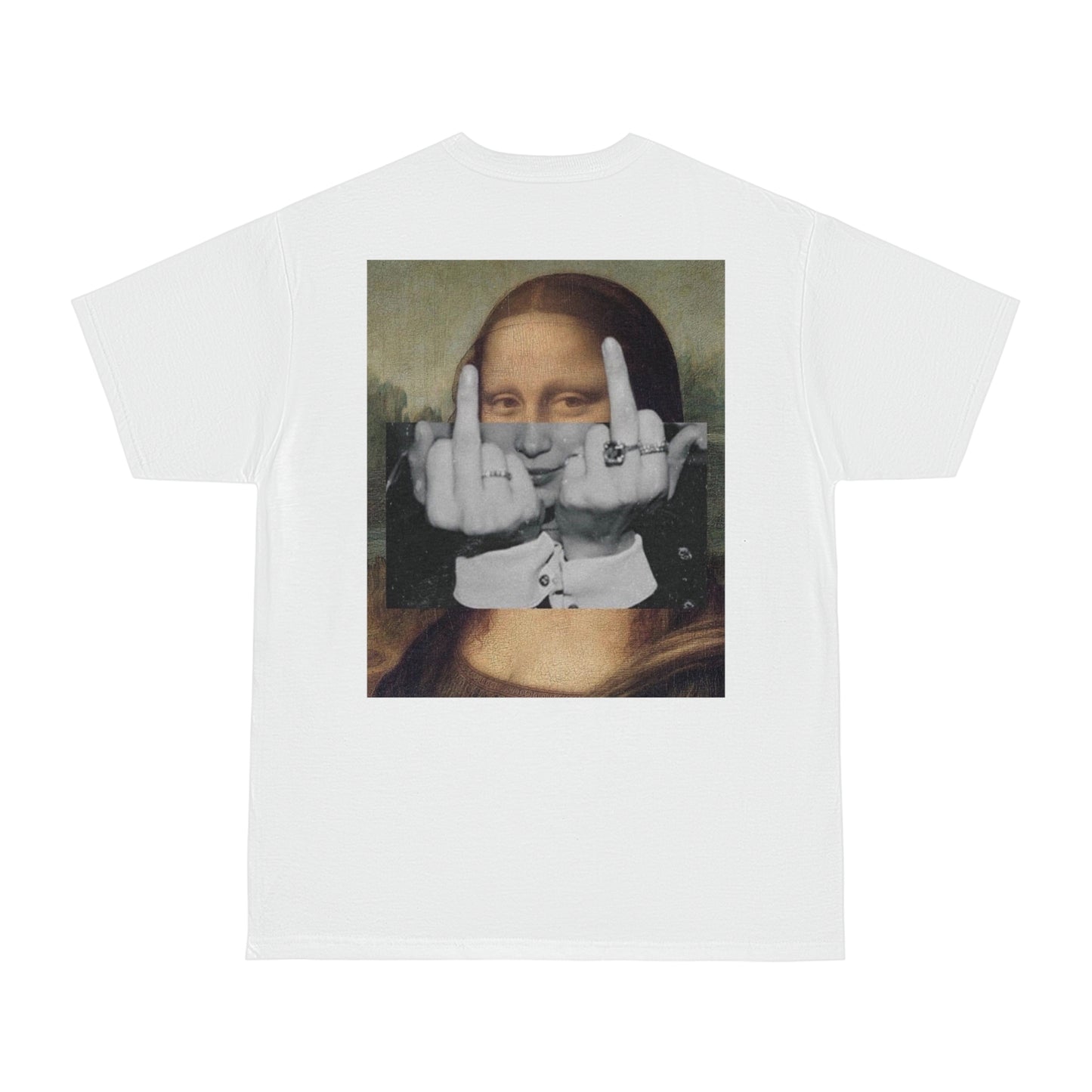 Mona Lisa middle finger back graphic t-shirt in white, unisex dark luxury statement tee featuring rebellious Mona Lisa artwork with double middle fingers, clean minimalist front and bold back design