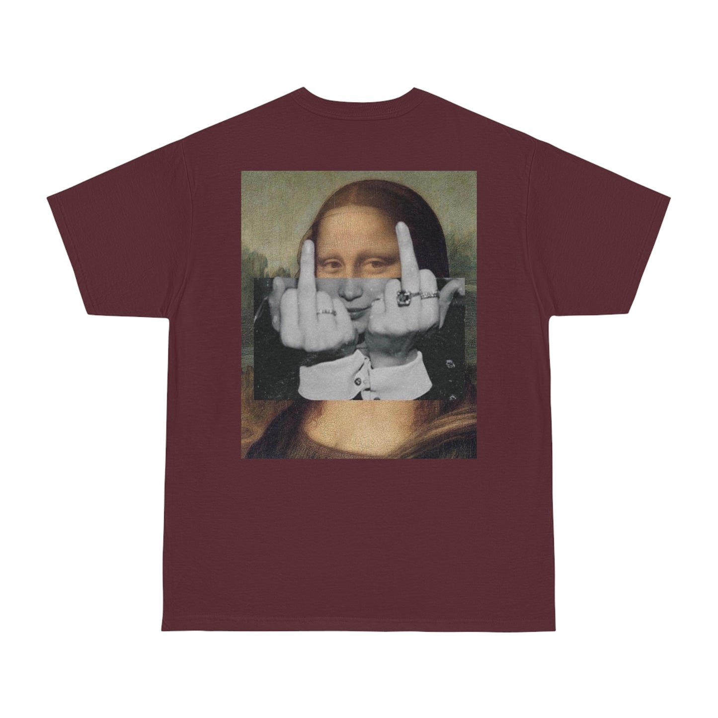 Mona Lisa middle finger back graphic t-shirt in burgundy maroon, dark luxury statement tee featuring rebellious Mona Lisa flipping double middle fingers in surreal collage style, unisex streetwear t-shirt with clean front and bold back artwork