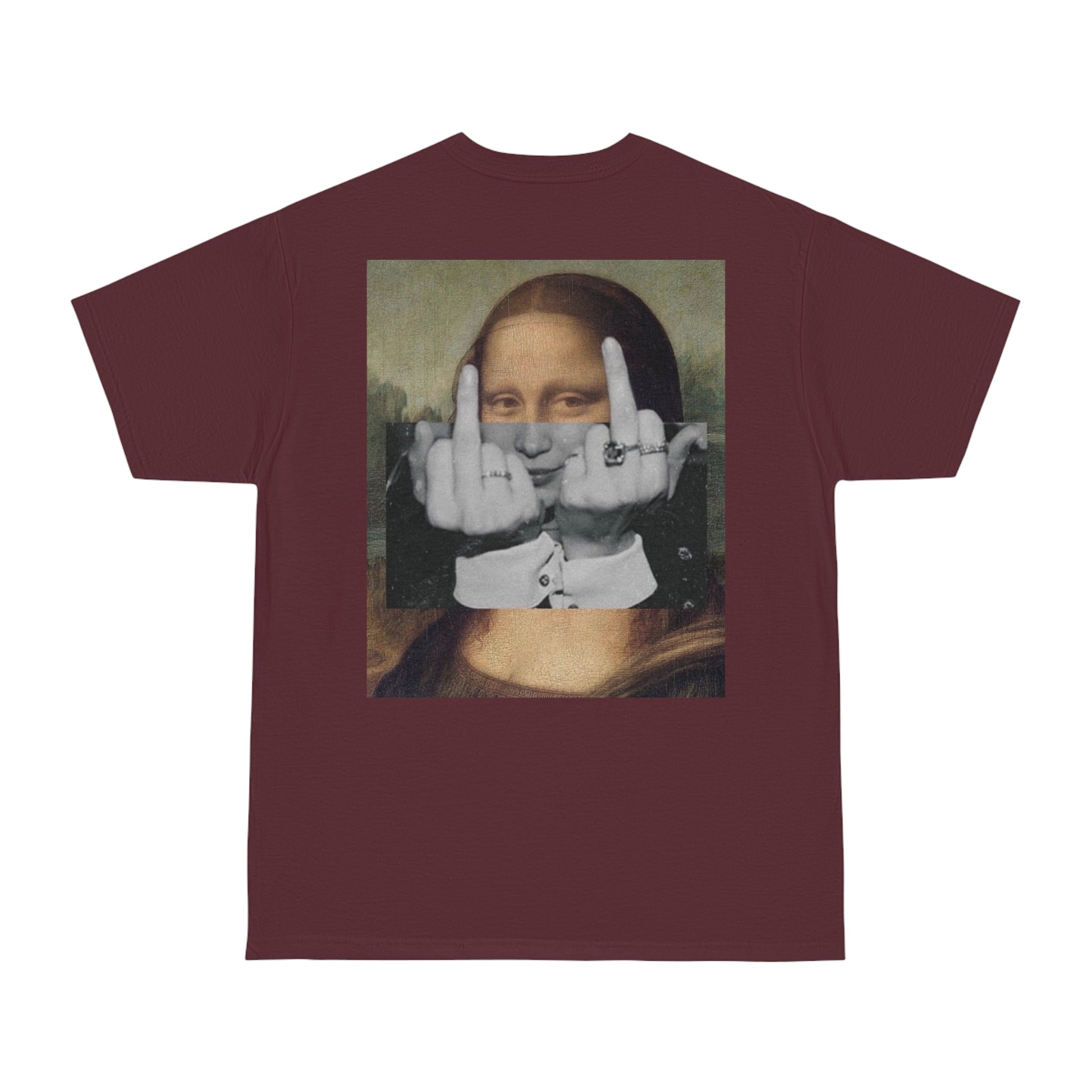 Mona Lisa middle finger back graphic t-shirt in burgundy maroon, dark luxury statement tee featuring rebellious Mona Lisa flipping double middle fingers in surreal collage style, unisex streetwear t-shirt with clean front and bold back artwork
