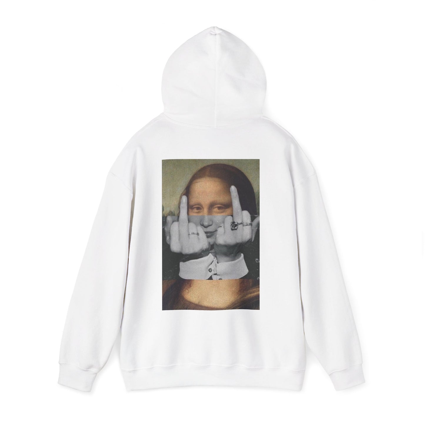 White hoodie with hood up showcasing Mona Lisa middle finger back graphic, unisex dark luxury streetwear hoodie with classical art remix and rebellious protest energy, clean front design