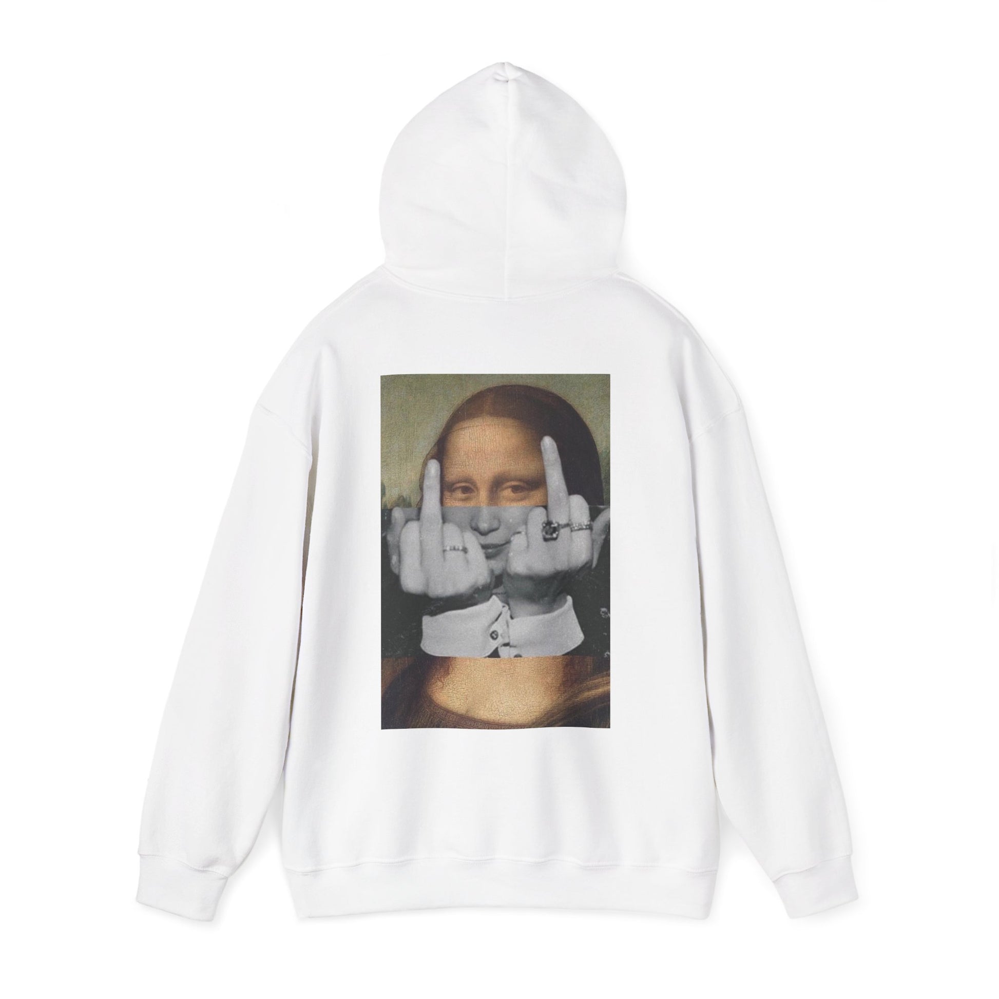 White hoodie with hood up showcasing Mona Lisa middle finger back graphic, unisex dark luxury streetwear hoodie with classical art remix and rebellious protest energy, clean front design