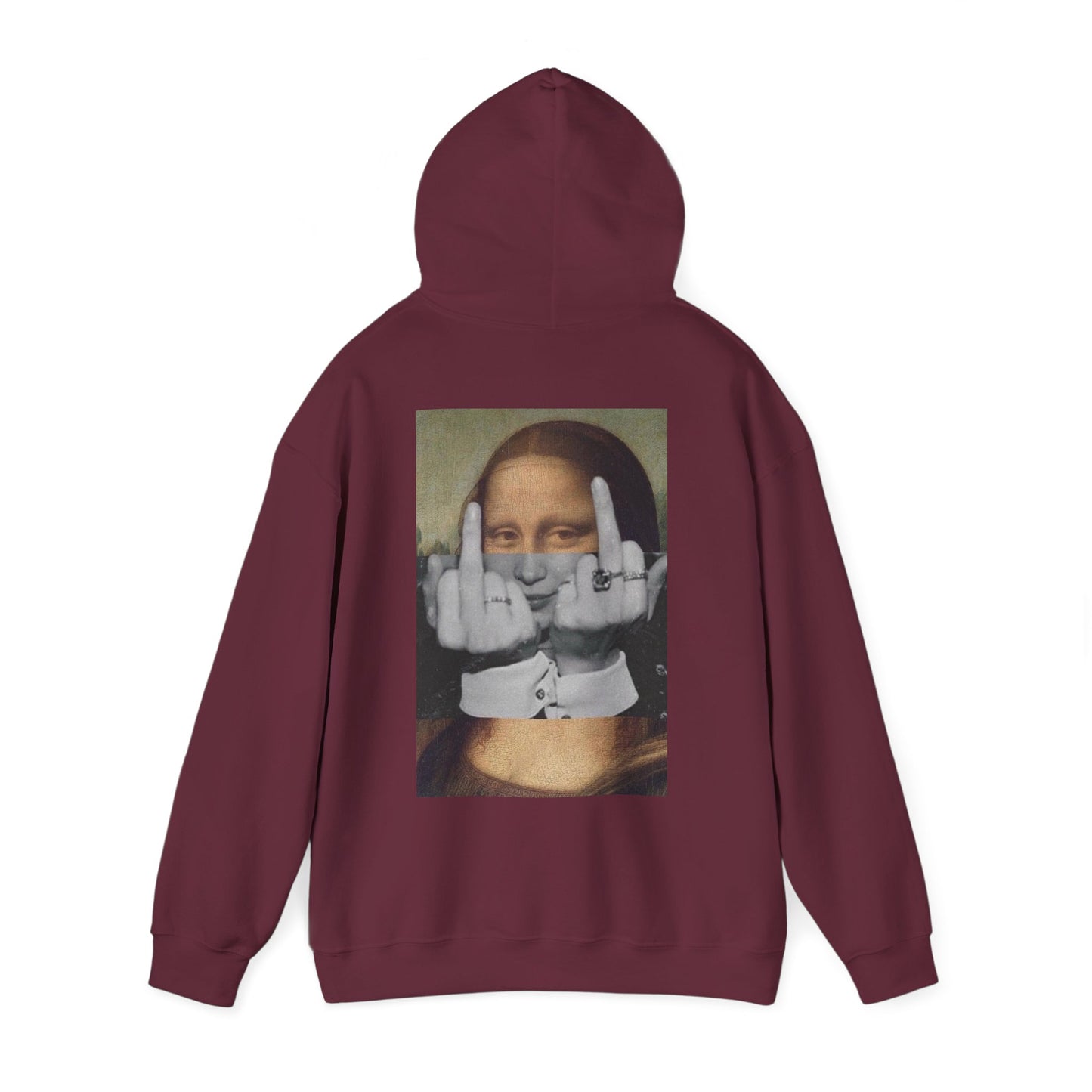 Burgundy unisex pullover hoodie laid flat with hood up, featuring a Mona Lisa middle finger collage graphic printed on the back in dark luxury streetwear style.