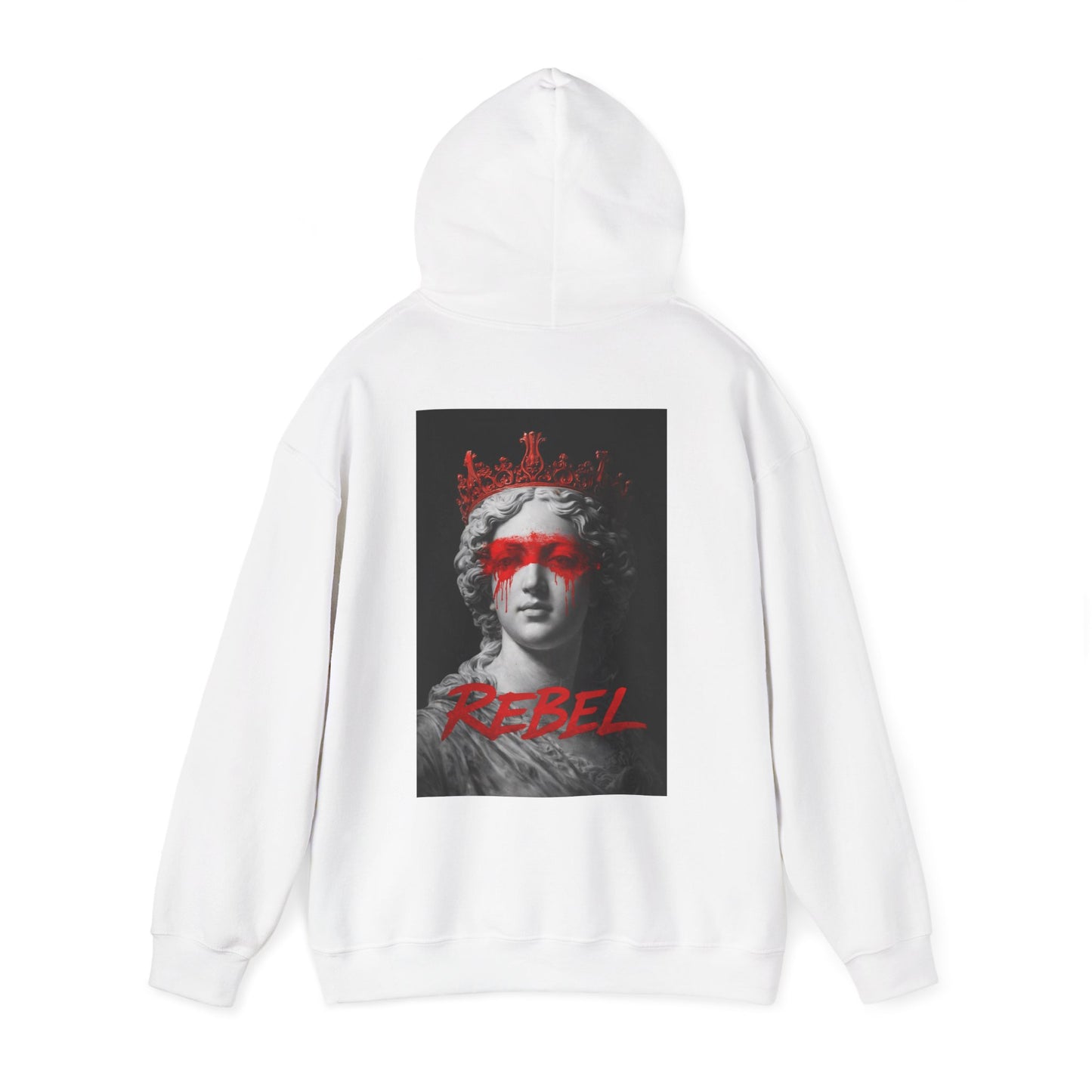 White pullover hoodie showing rebel classical marble statue with red paint eyes and crown, luxury art streetwear hoodie with statement back graphic