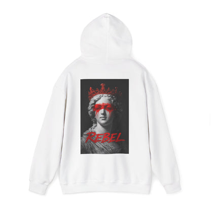 White pullover hoodie showing rebel classical marble statue with red paint eyes and crown, luxury art streetwear hoodie with statement back graphic