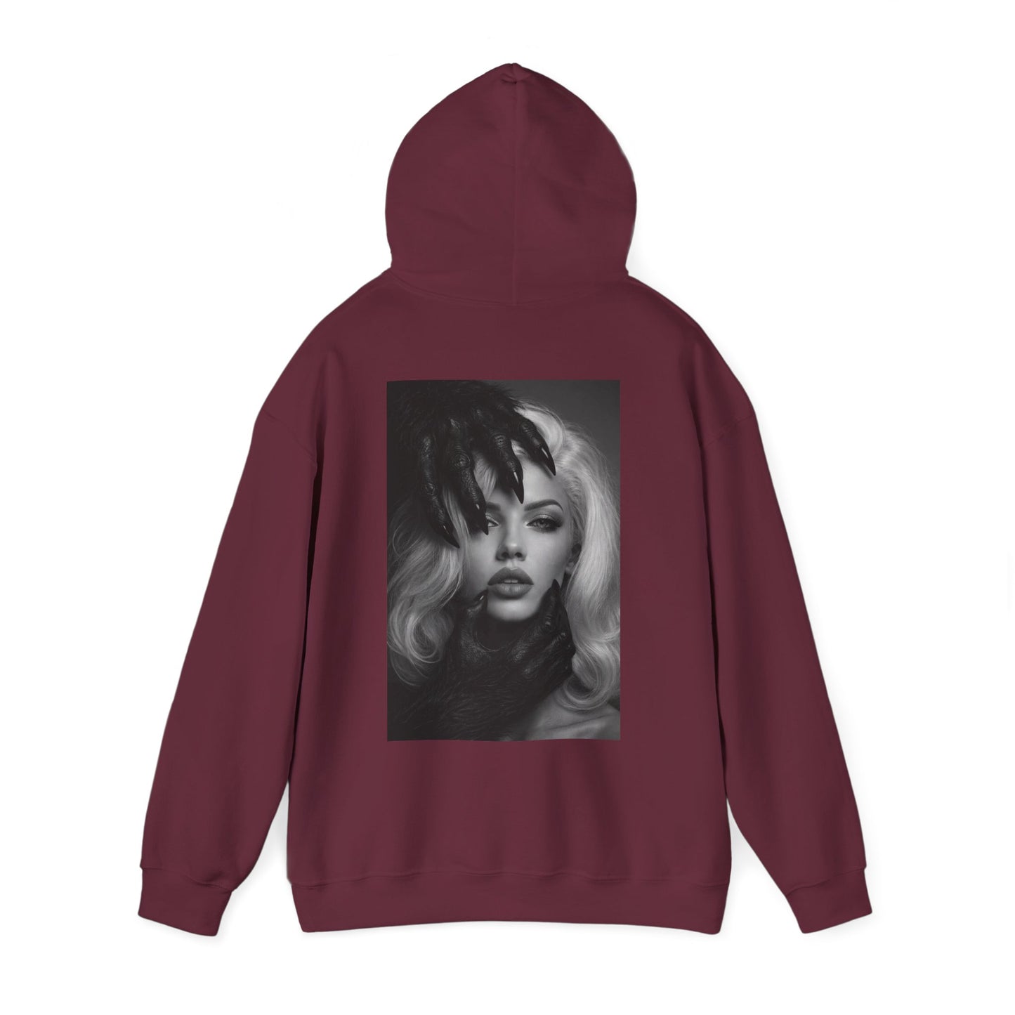 Burgundy maroon dark feminine back graphic hoodie shown flat lay, unisex gothic luxury statement hoodie featuring dark feminine portrait artwork on the back