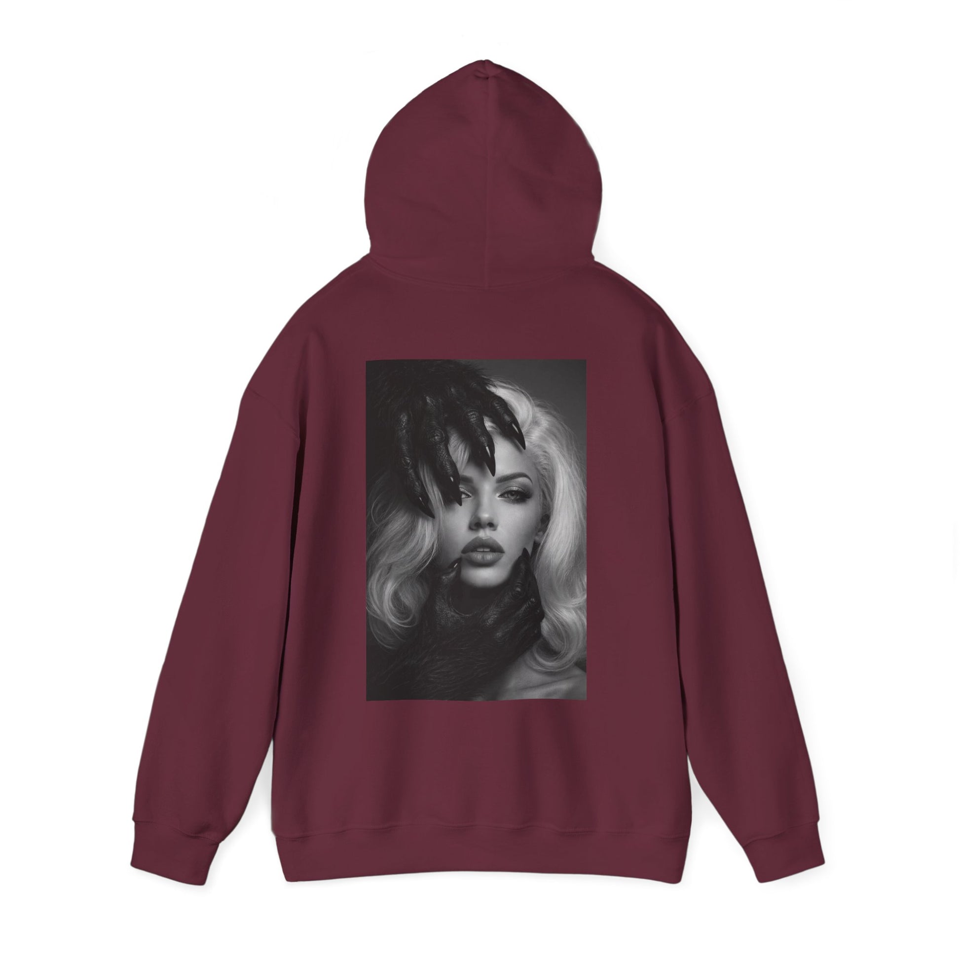 Burgundy maroon dark feminine back graphic hoodie shown flat lay, unisex gothic luxury statement hoodie featuring dark feminine portrait artwork on the back