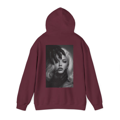 Burgundy maroon dark feminine back graphic hoodie shown flat lay, unisex gothic luxury statement hoodie featuring dark feminine portrait artwork on the back