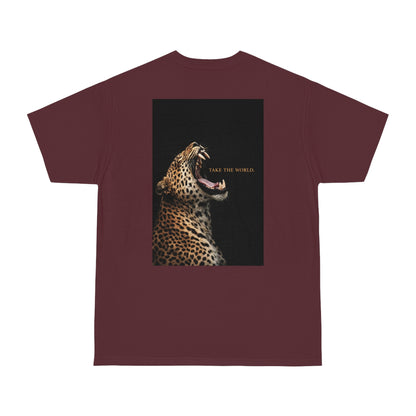 Burgundy maroon leopard back graphic t-shirt with roaring leopard and TAKE THE WORLD text, luxury animal statement fashion tee