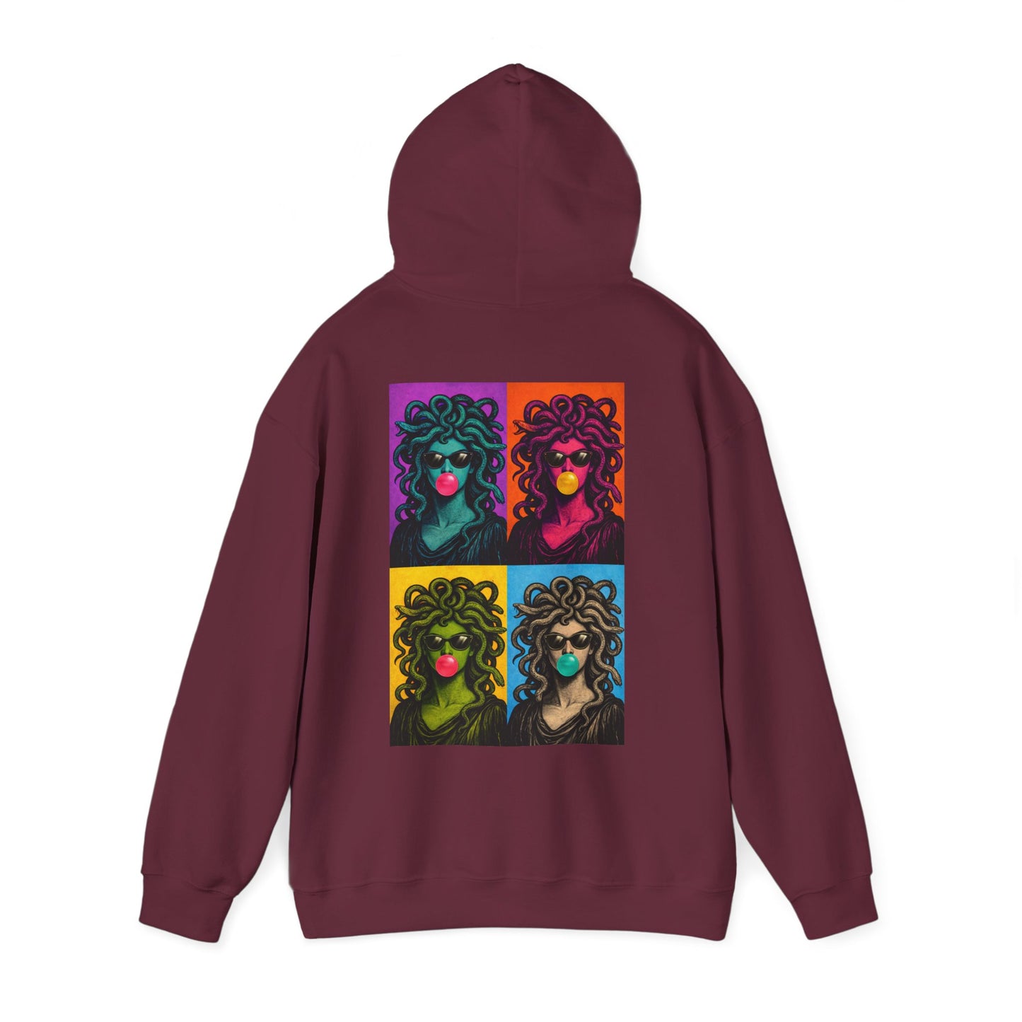Burgundy maroon pop art Medusa back graphic hoodie product mockup, unisex modern streetwear hoodie featuring pop art Medusa collage artwork on the back with clean minimalist front design
