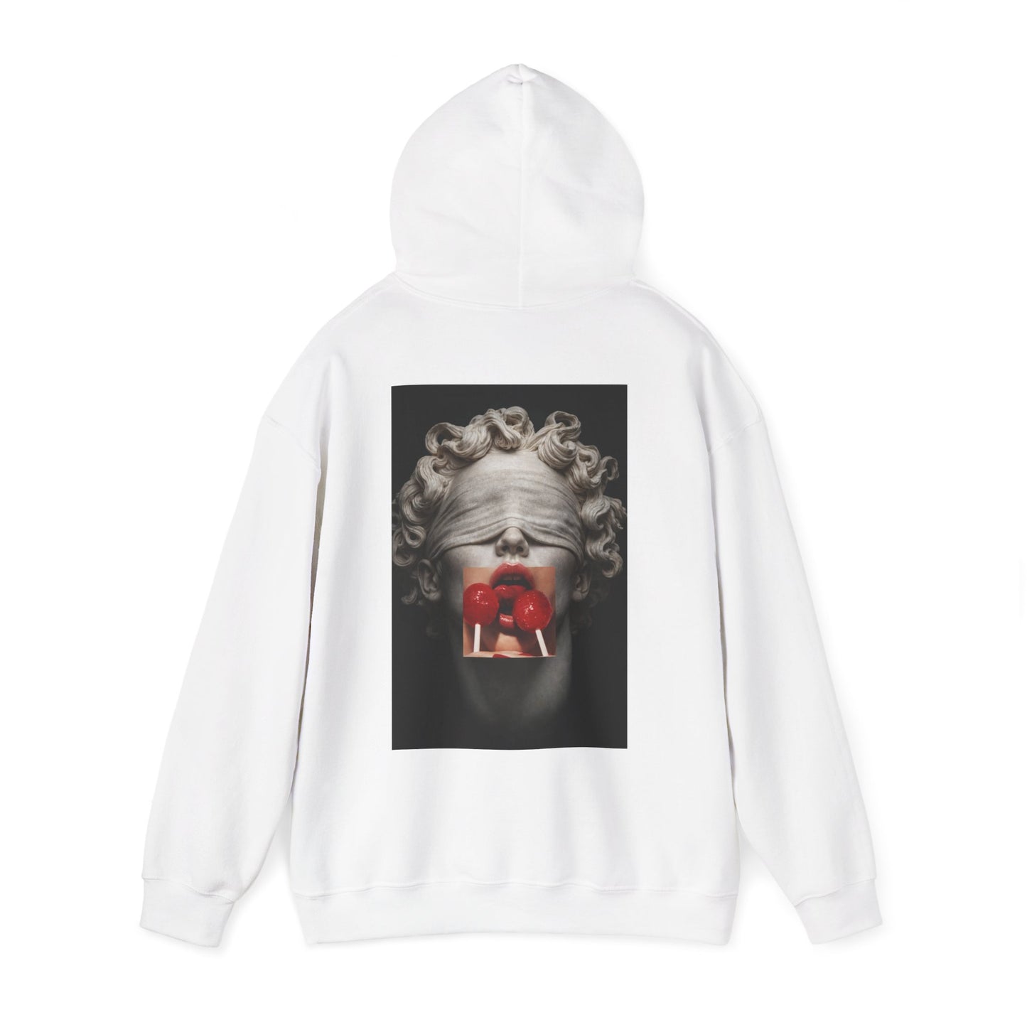 White hoodie with blindfolded classical statue back graphic, surreal marble sculpture with red lollipops, dark luxury streetwear
