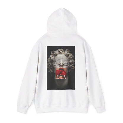 White hoodie with blindfolded classical statue back graphic, surreal marble sculpture with red lollipops, dark luxury streetwear
