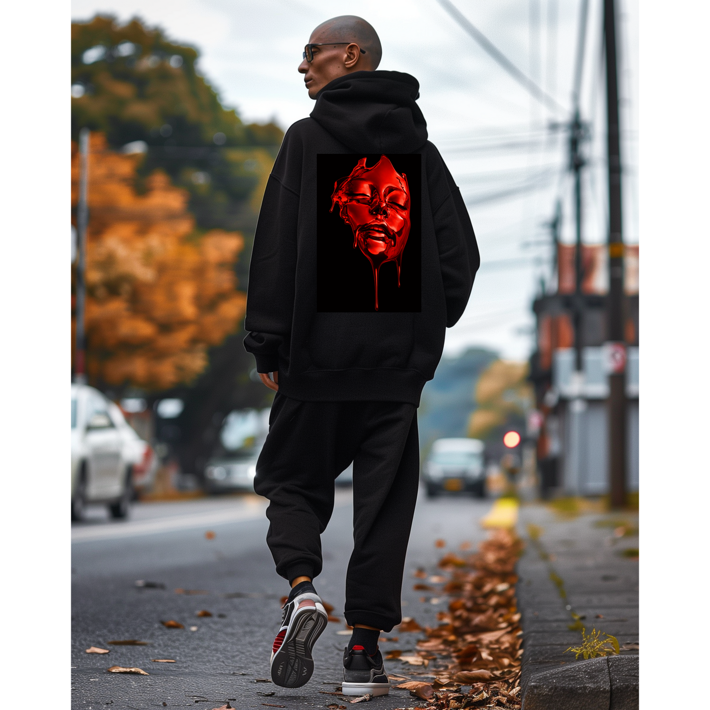 Male model walking outdoors wearing black hoodie with red liquid face back graphic, back view showcasing bold surreal red fluid face artwork, dark luxury streetwear hoodie